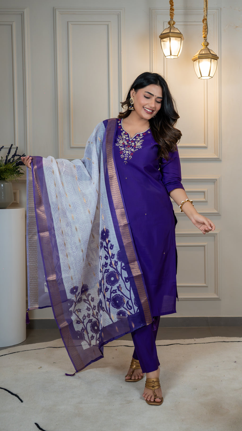 Roman Silk Embroidered Top Bottom Set For Women