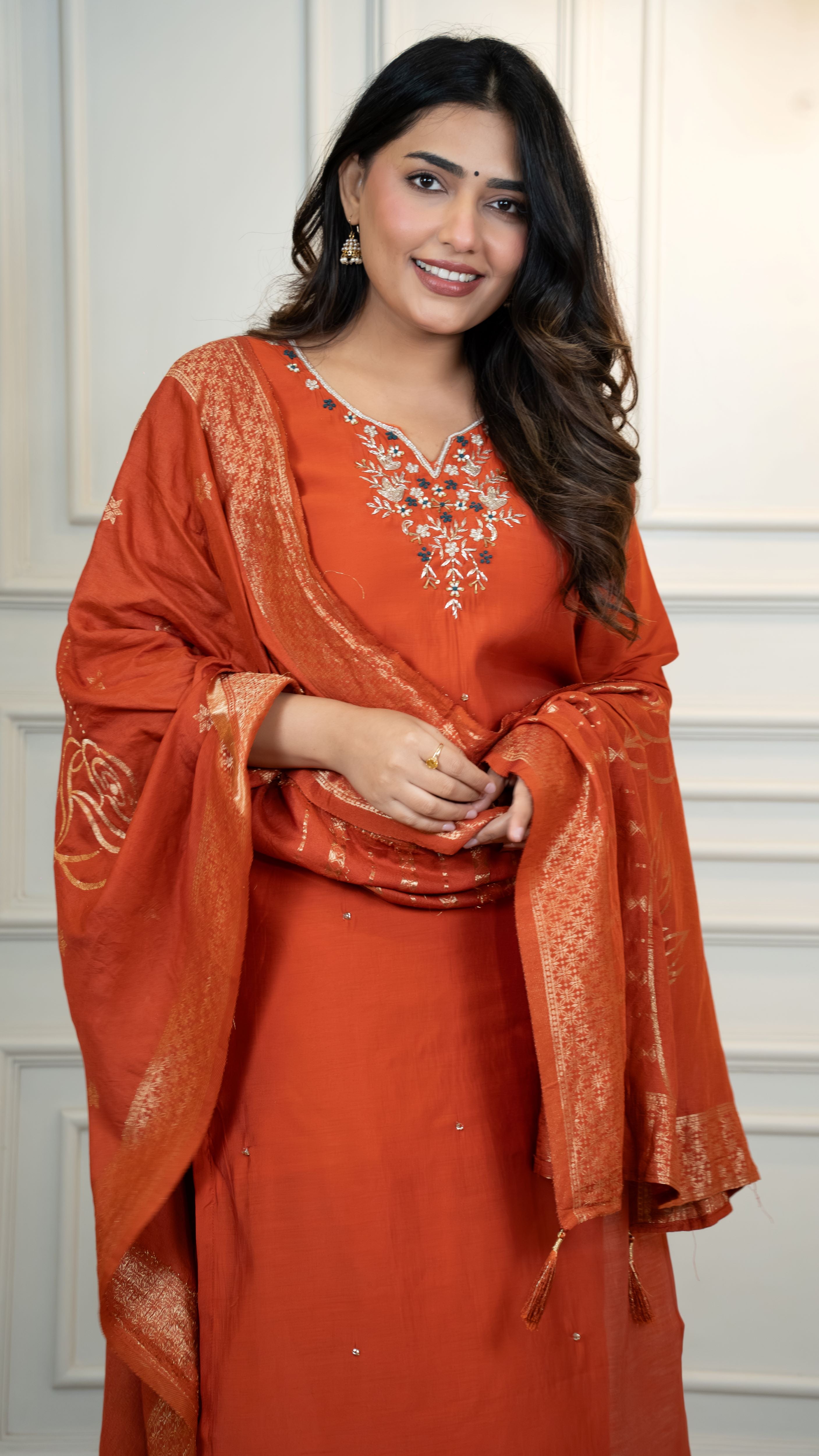 Roman Silk Embroidered Top Bottom Set For Women