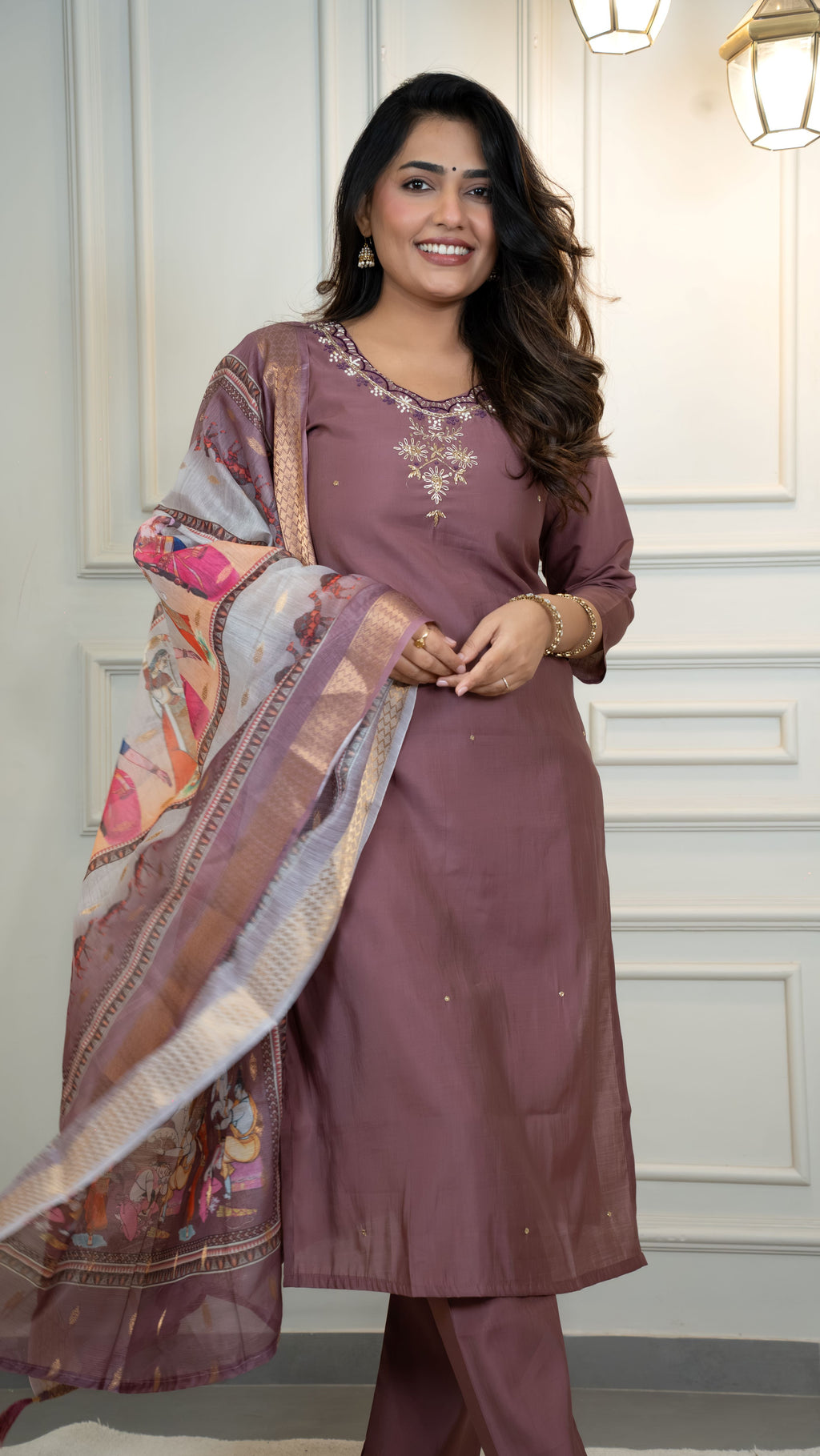 Roman Silk Embroidered Top Bottom Set For Women