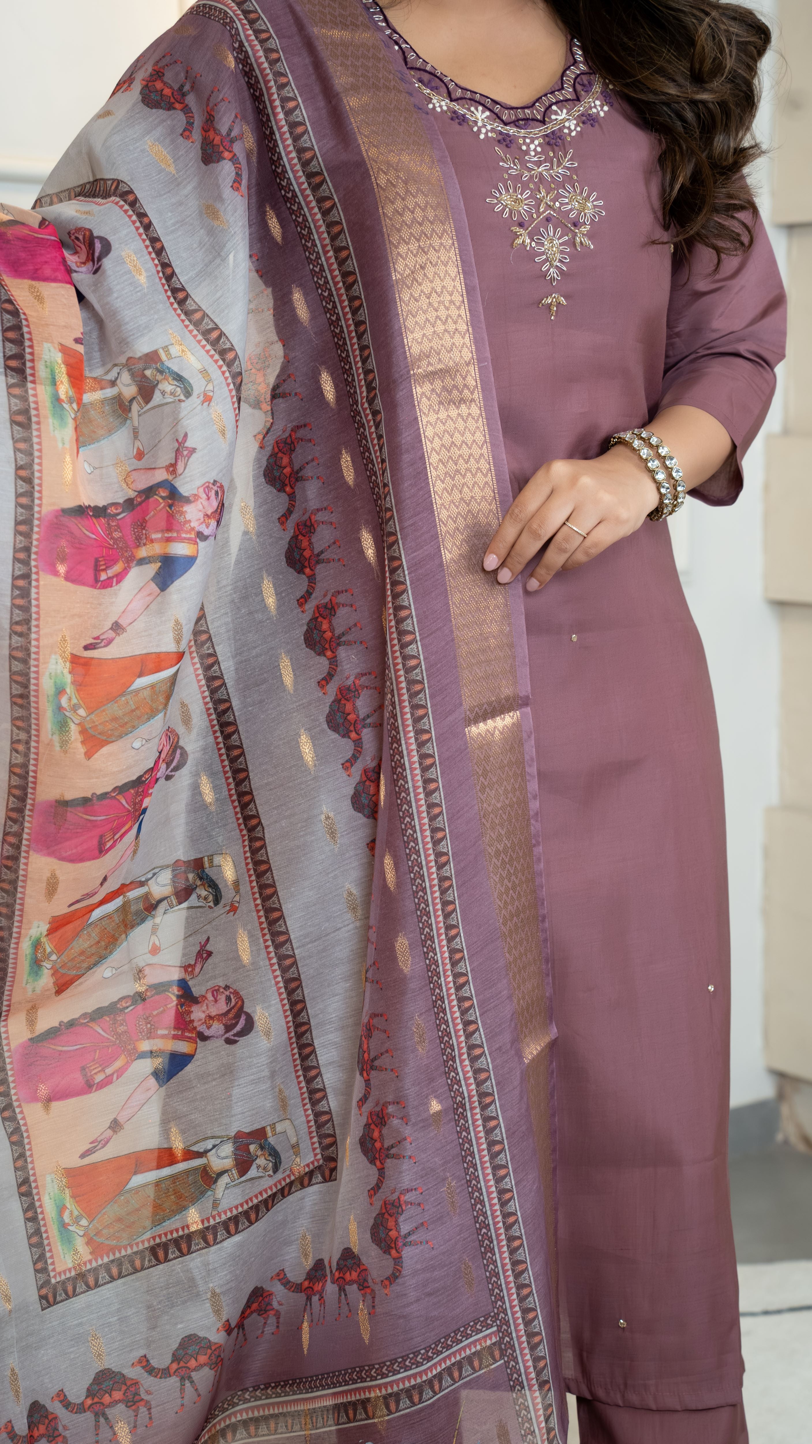 Roman Silk Embroidered Top Bottom Set For Women