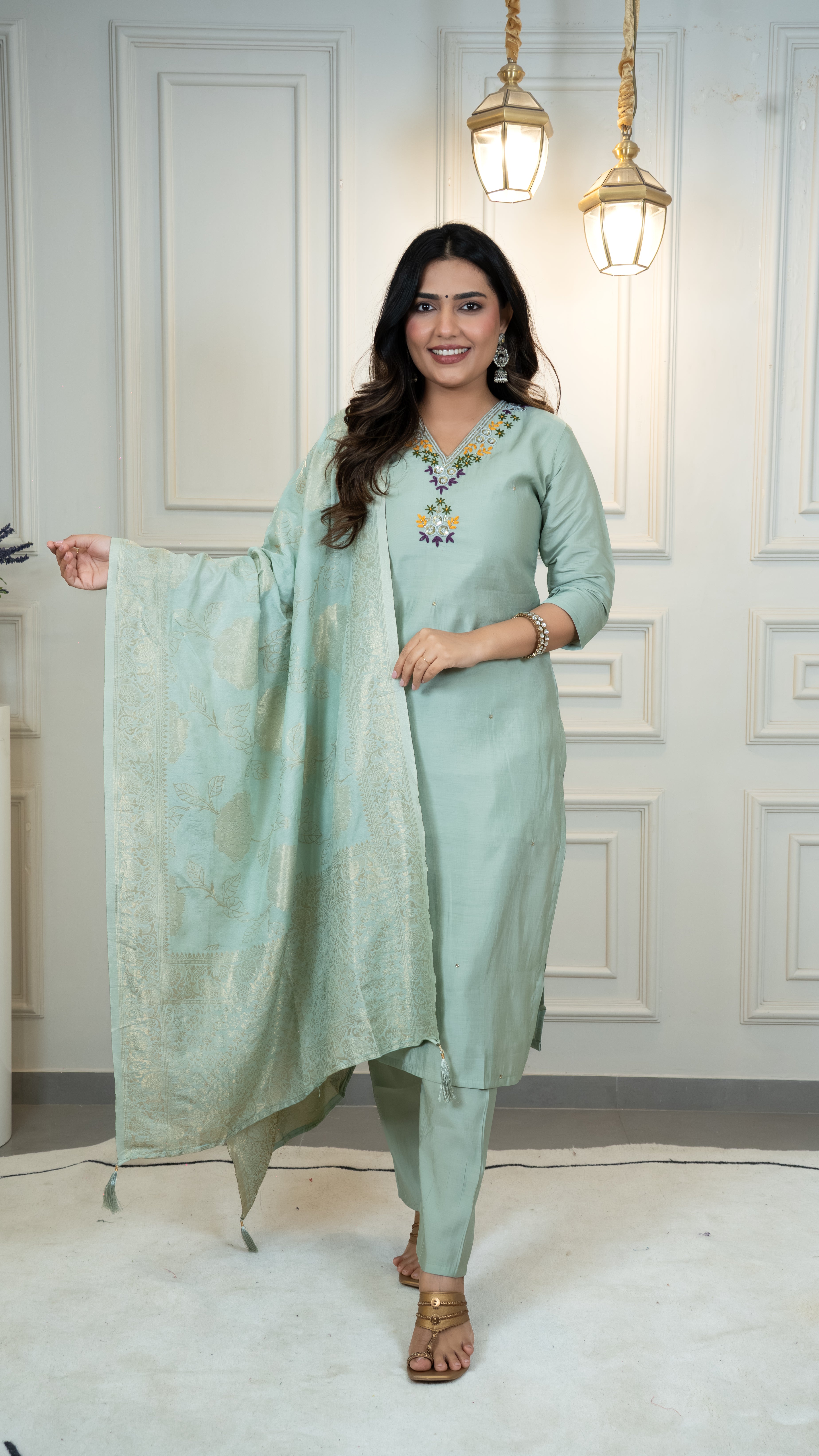 Roman Silk Top Bottom Set For Women