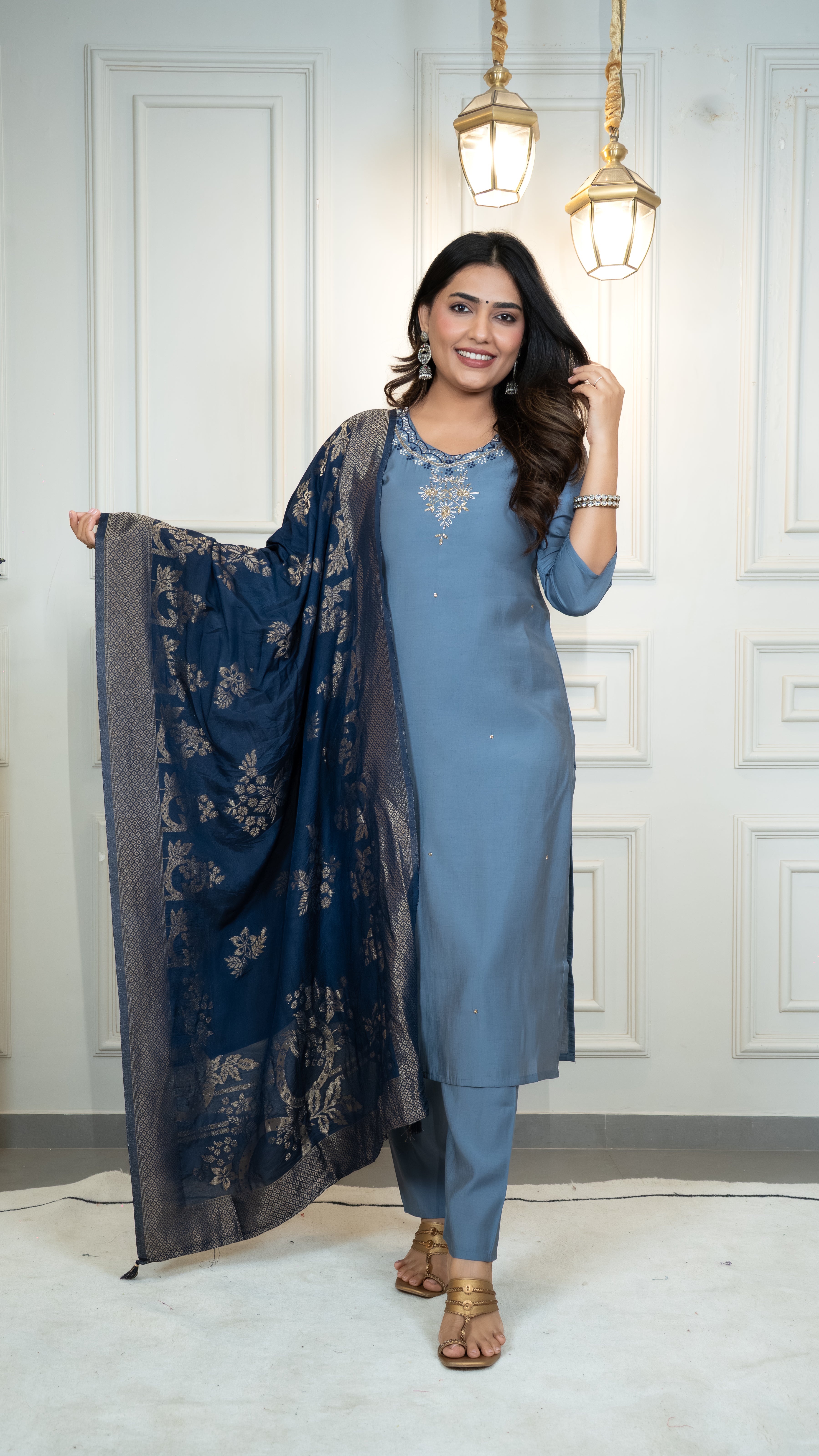 Roman Silk Top Bottom Set For Women