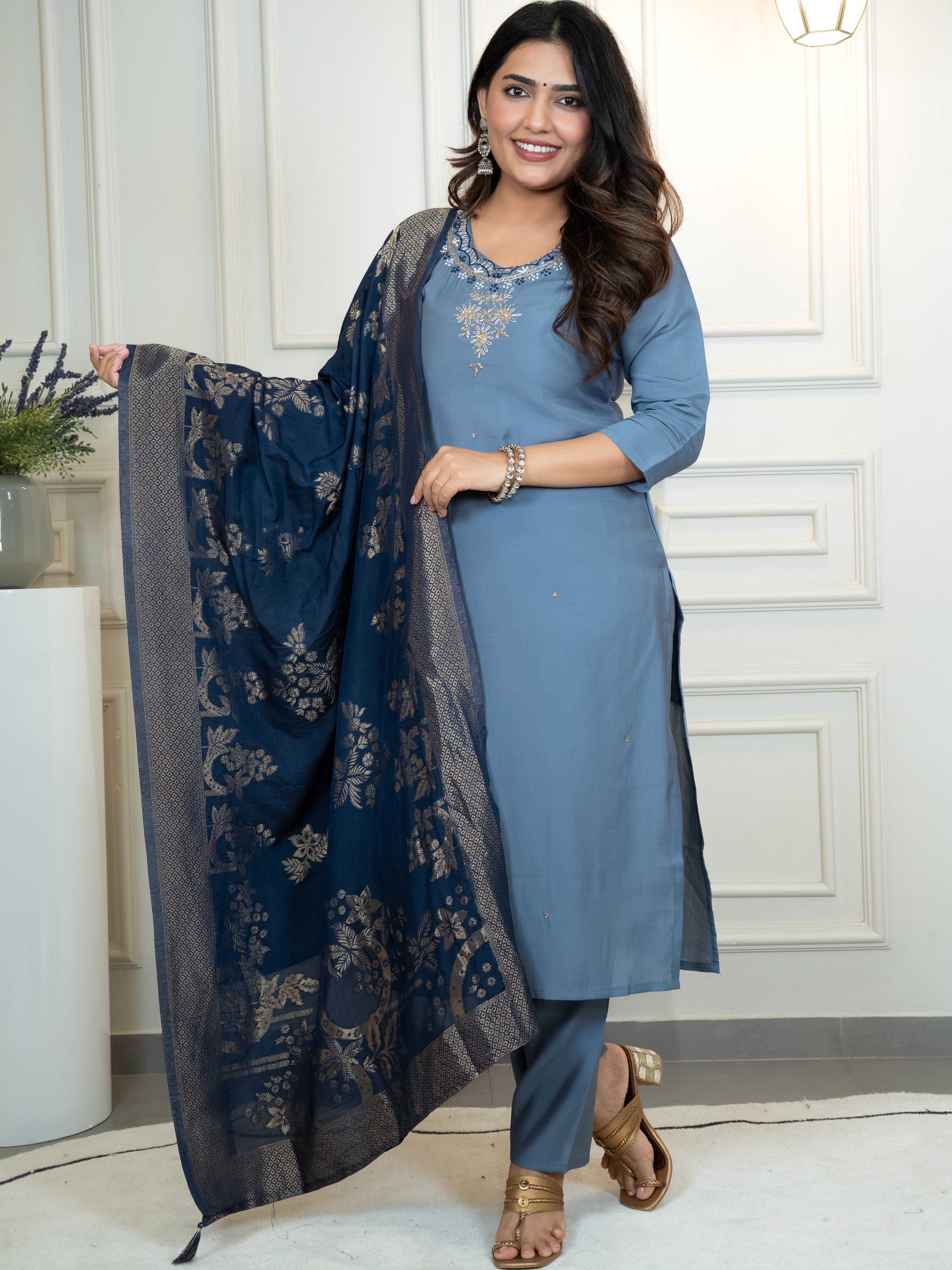 Roman Silk Top Bottom Set For Women