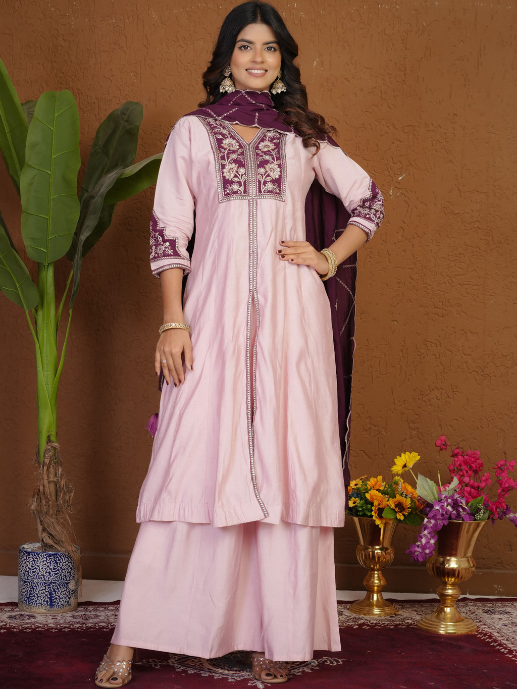 Roman Silk Embroidered Kurti Palazzo With Dupatta