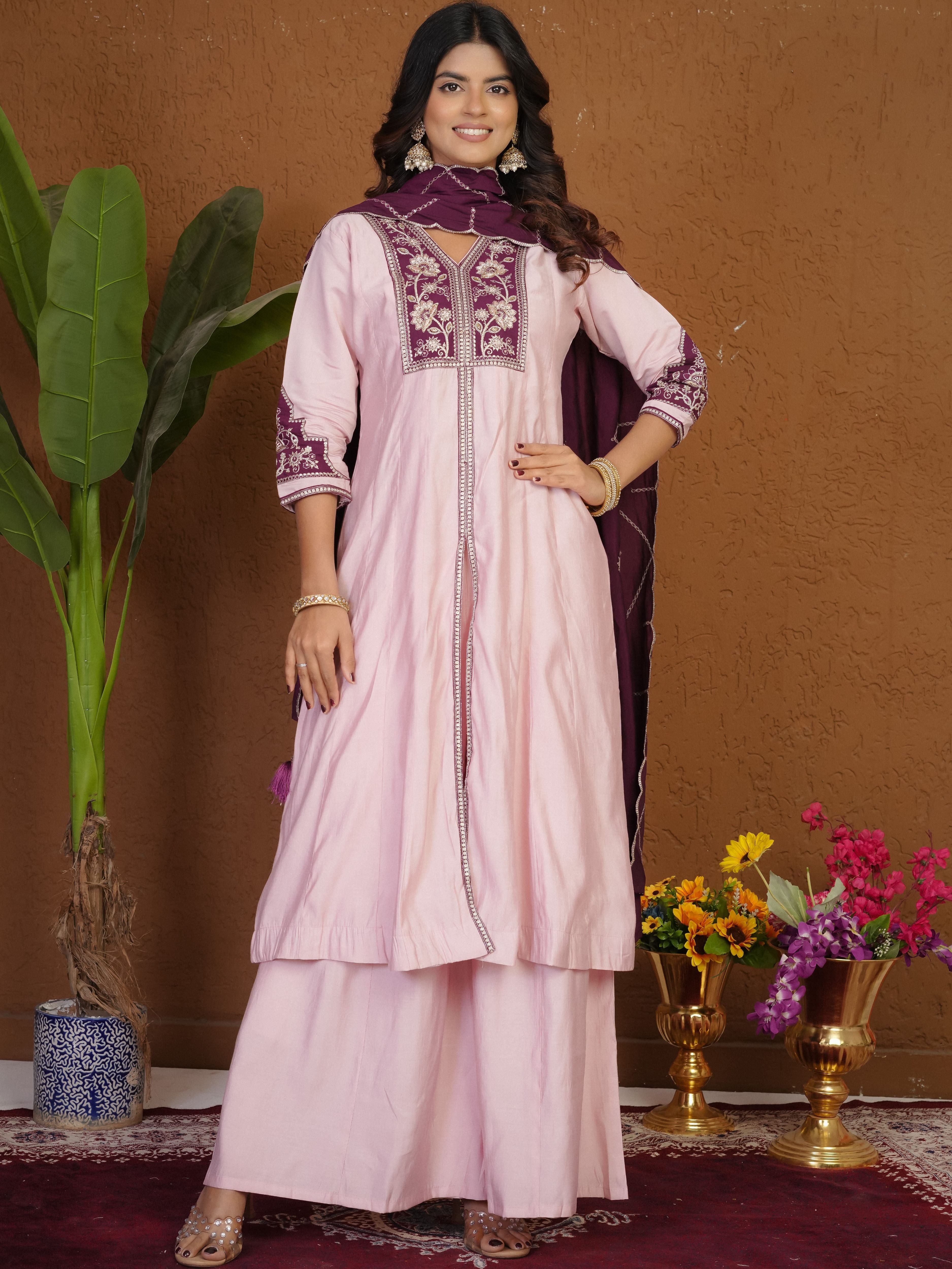 Roman Silk Embroidered Kurti Palazzo With Dupatta