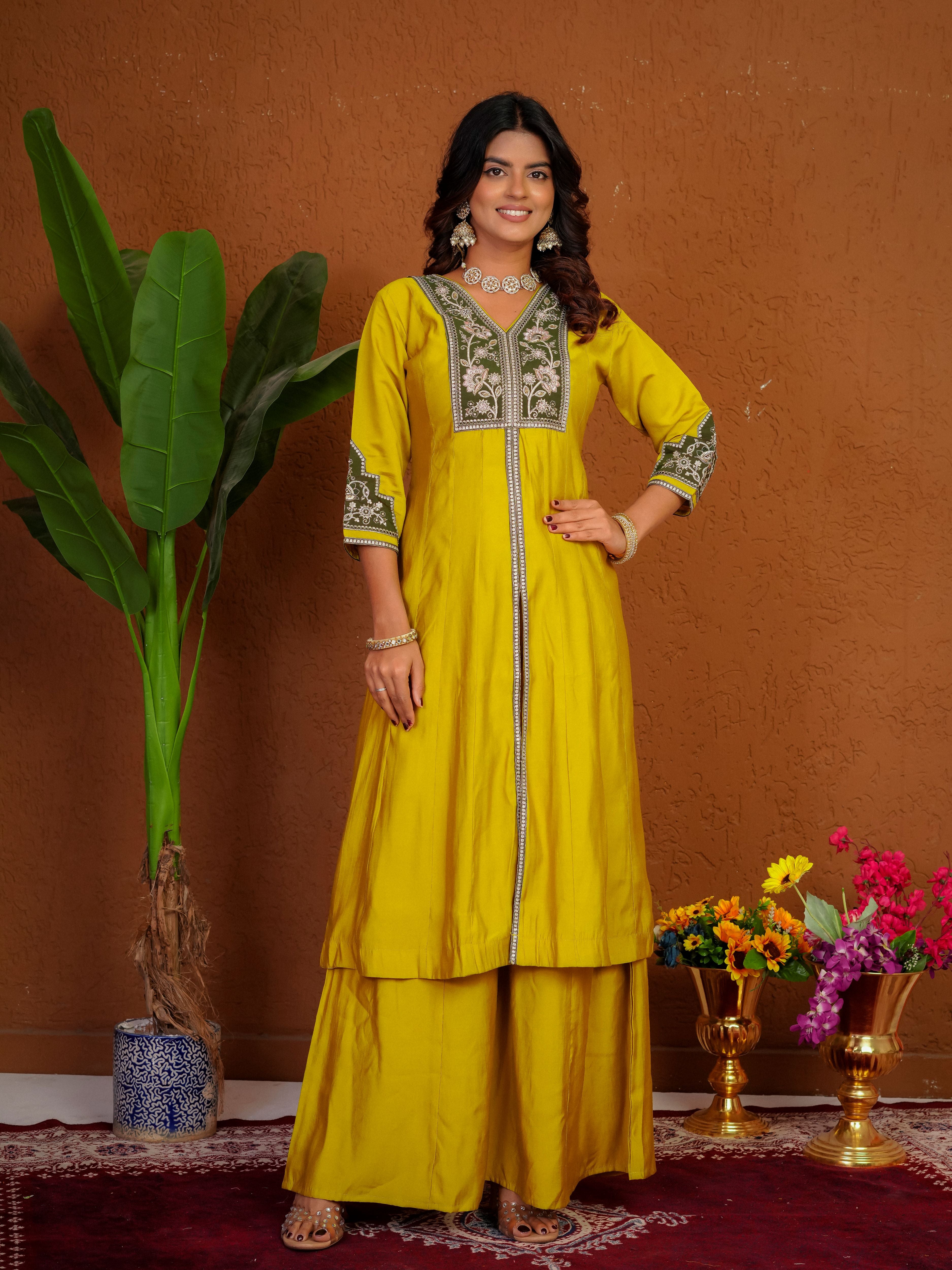 Roman Silk Embroidered Kurti Palazzo With Dupatta
