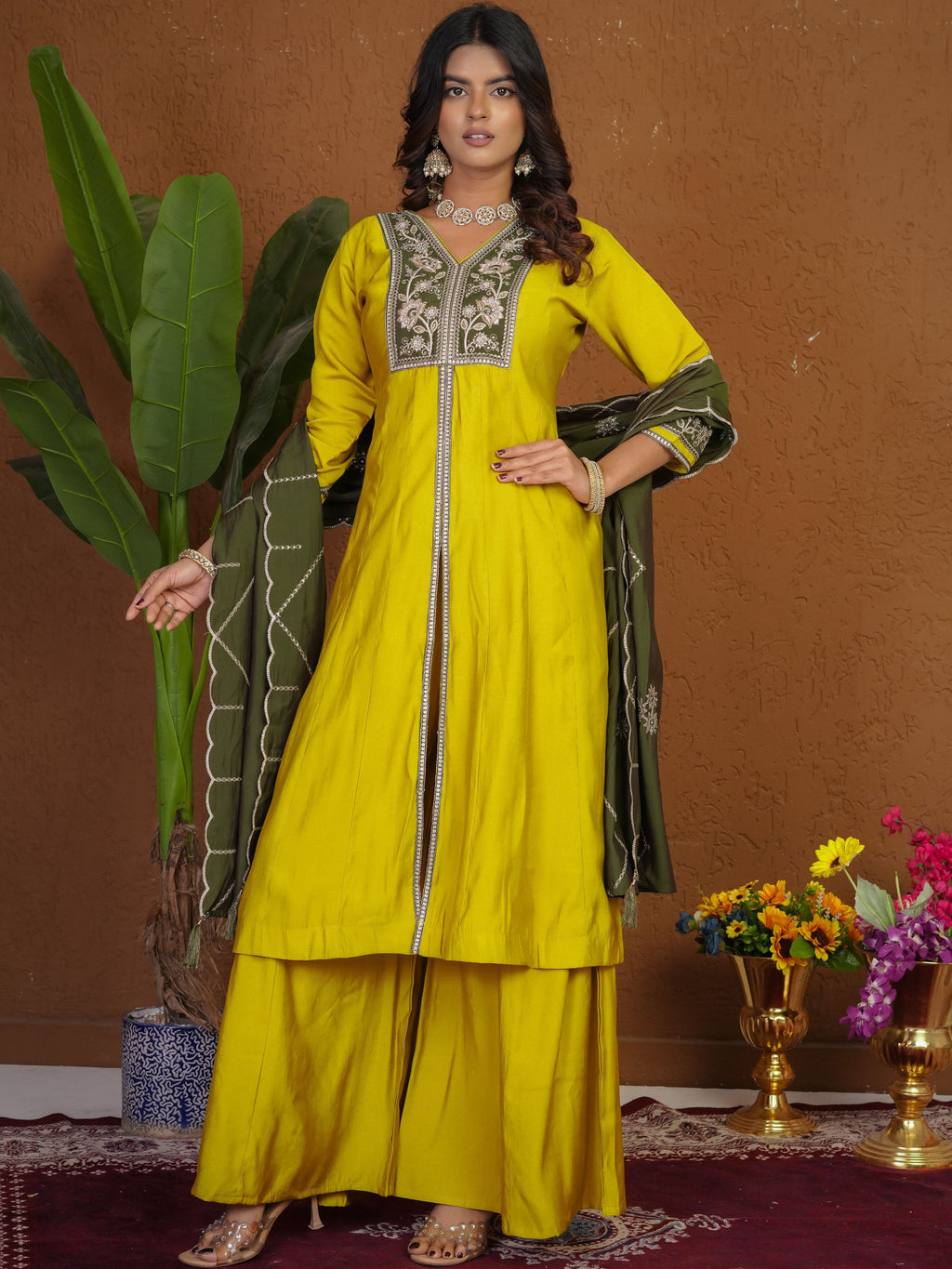 Roman Silk Embroidered Kurti Palazzo With Dupatta