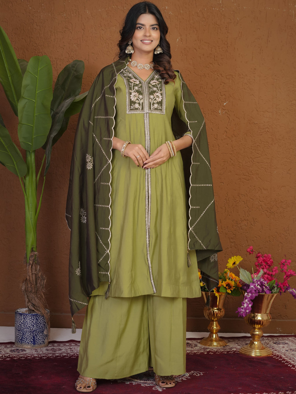 Roman Silk Embroidered Kurti Palazzo With Dupatta