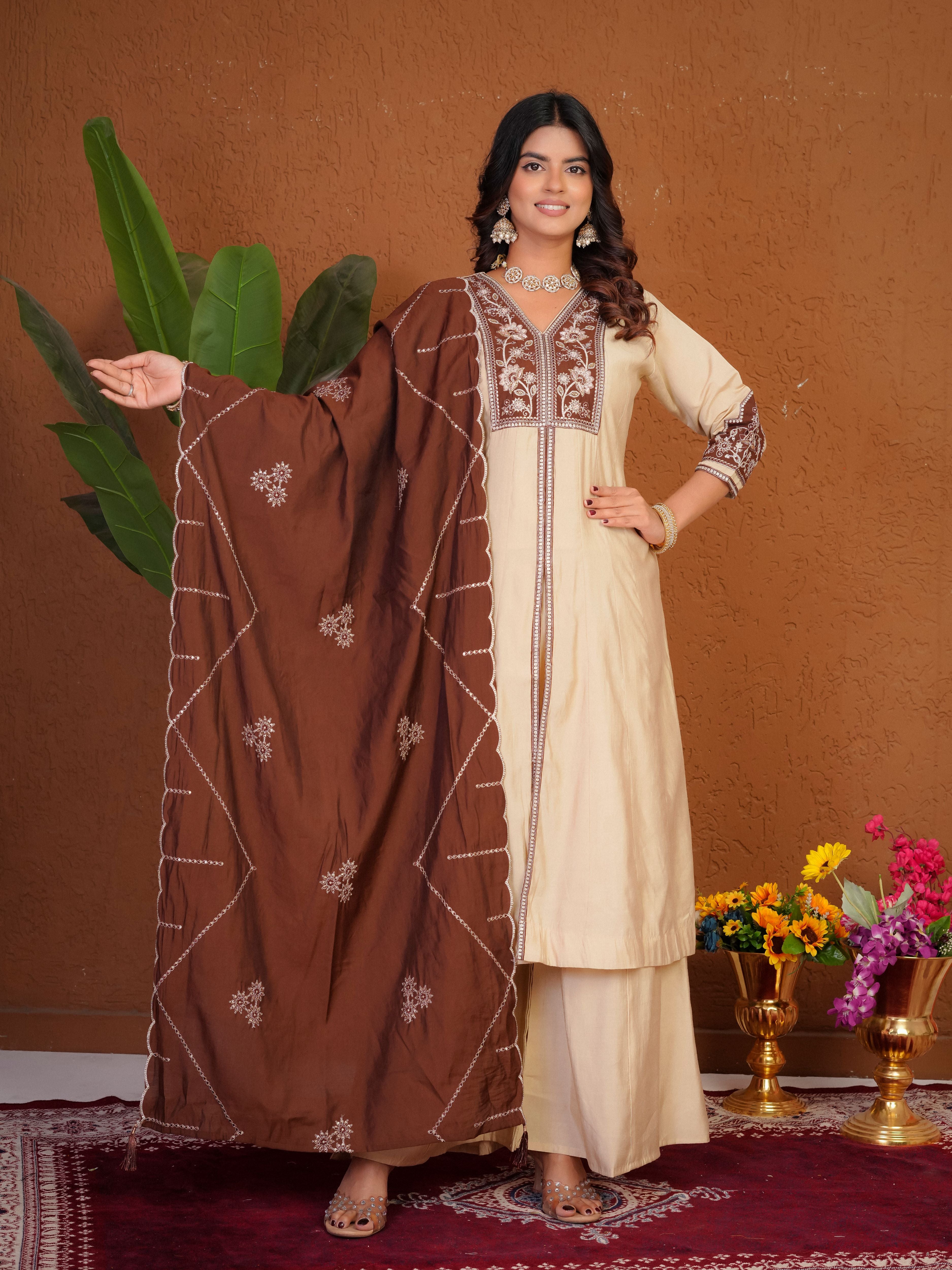 Roman Silk Embroidered Kurti Palazzo With Dupatta