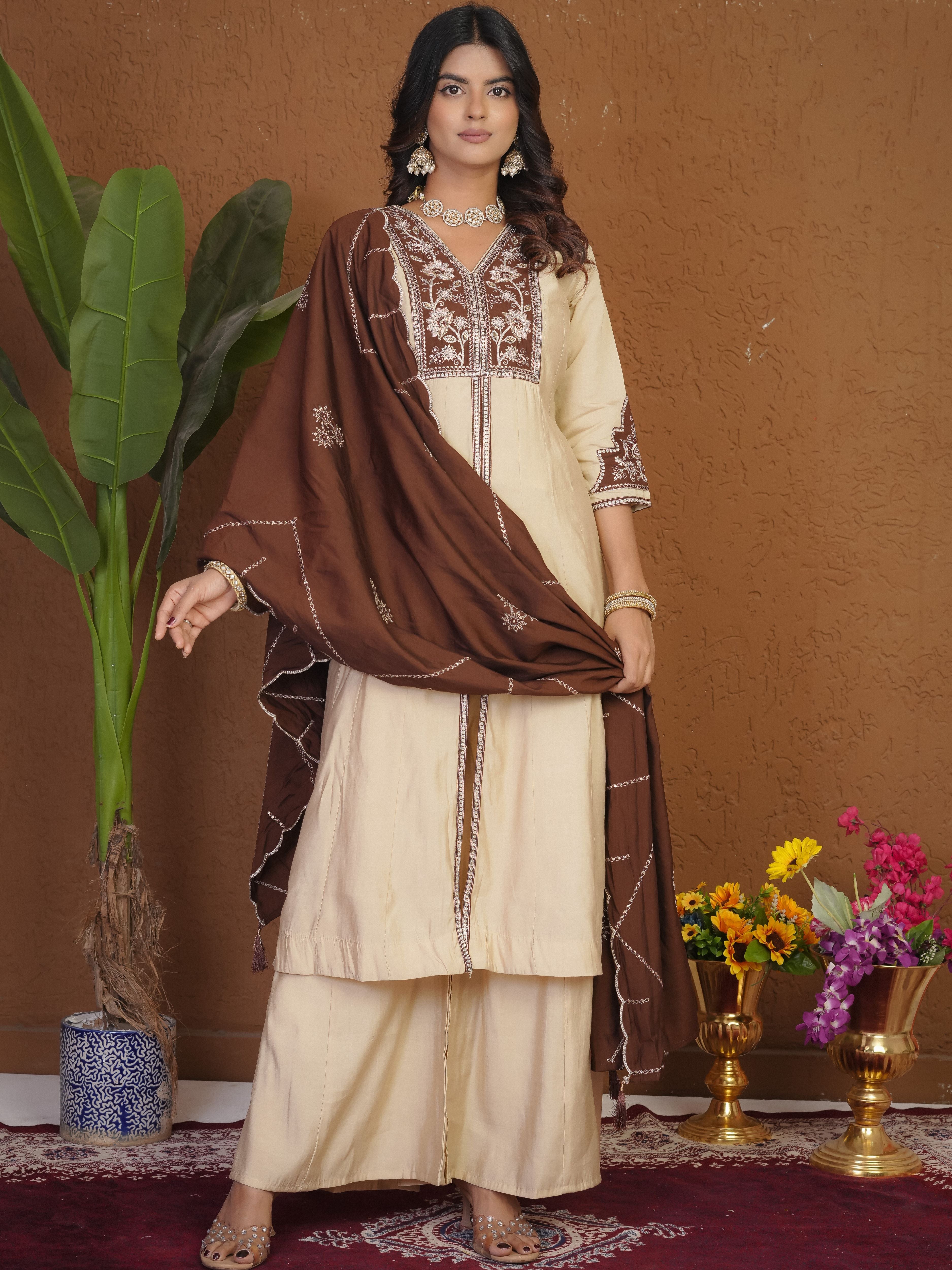 Roman Silk Embroidered Kurti Palazzo With Dupatta