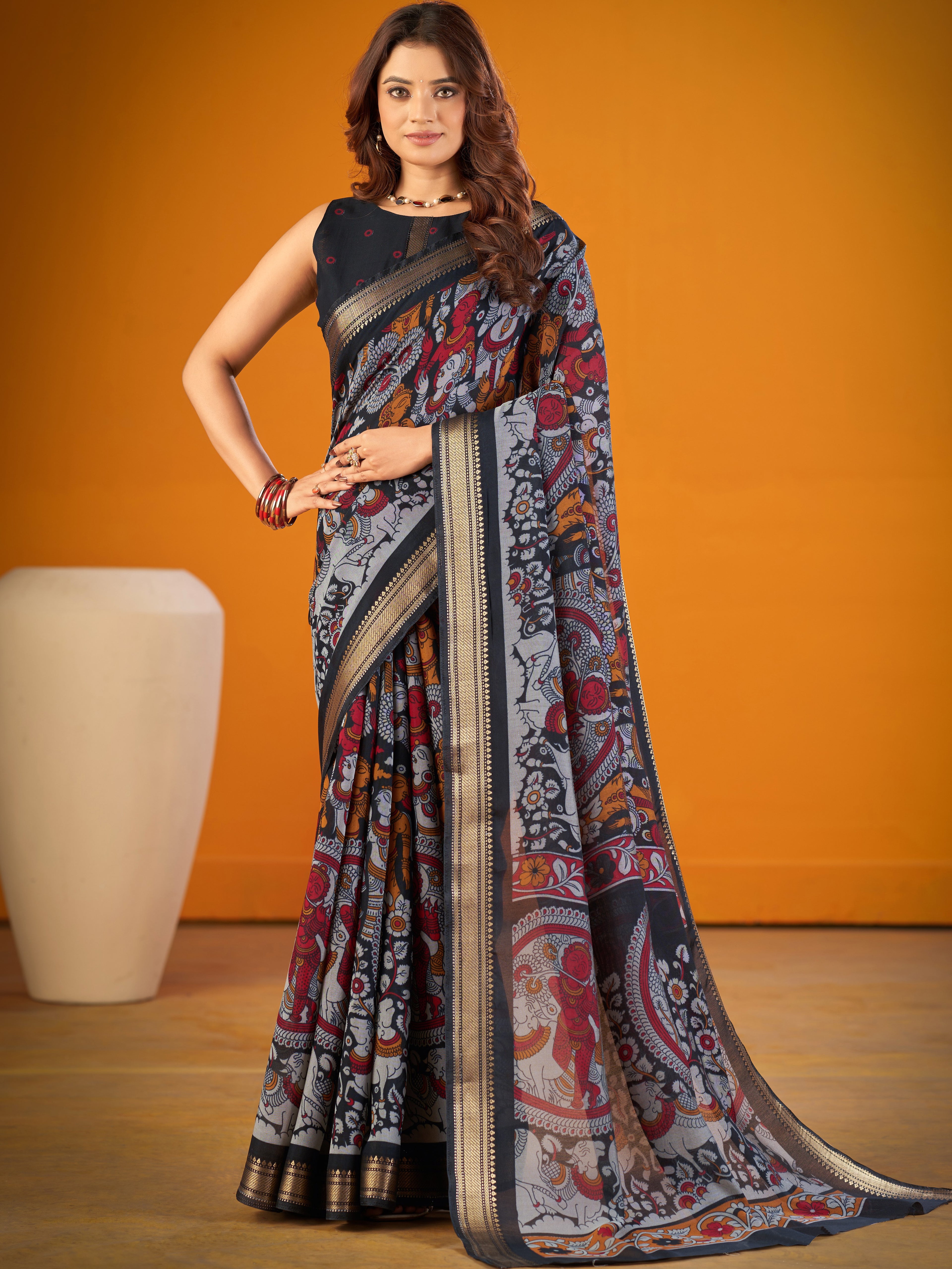 Viscose Chanderi Kalamkari Printed Saree