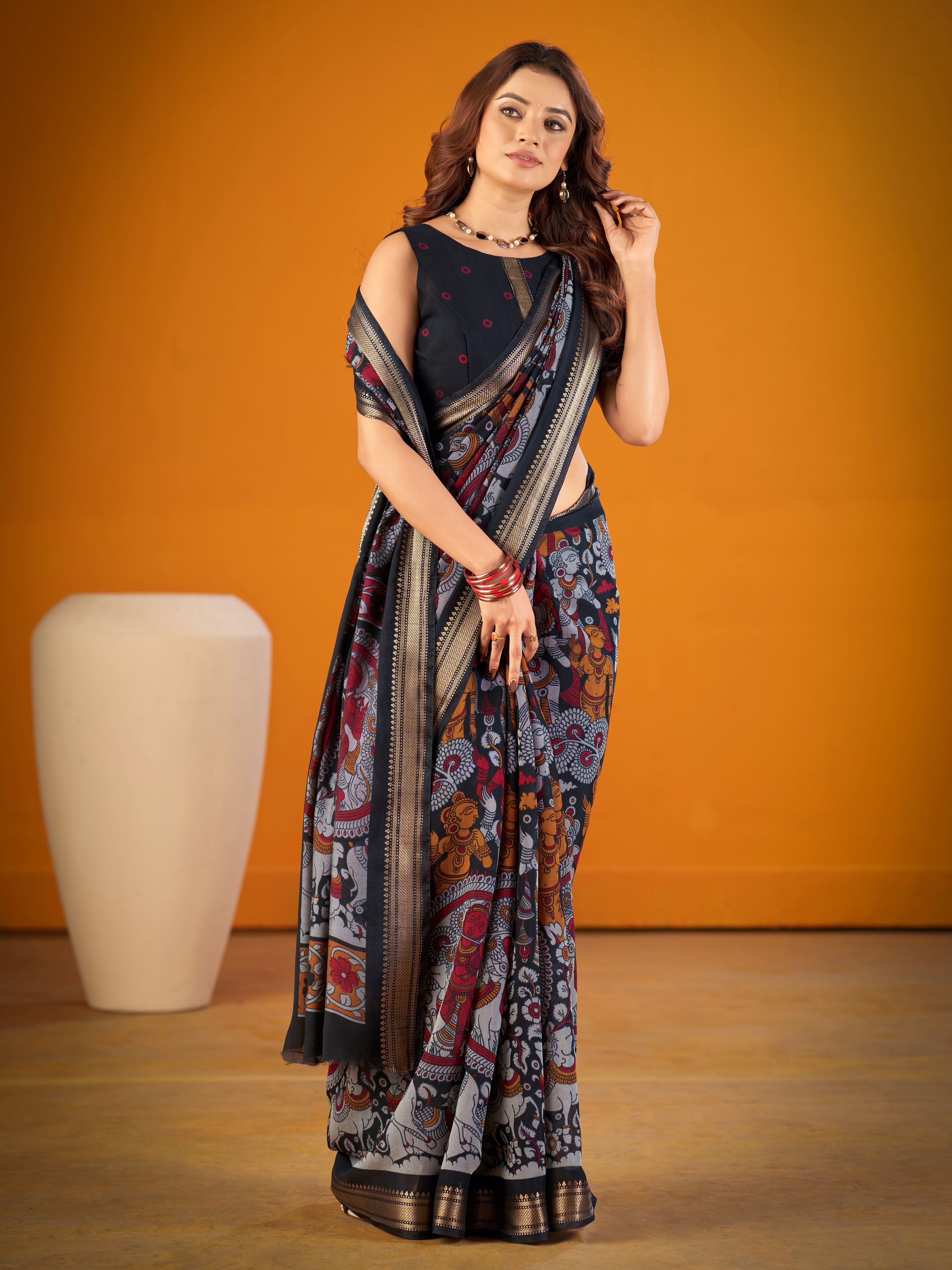 Viscose Chanderi Kalamkari Printed Saree