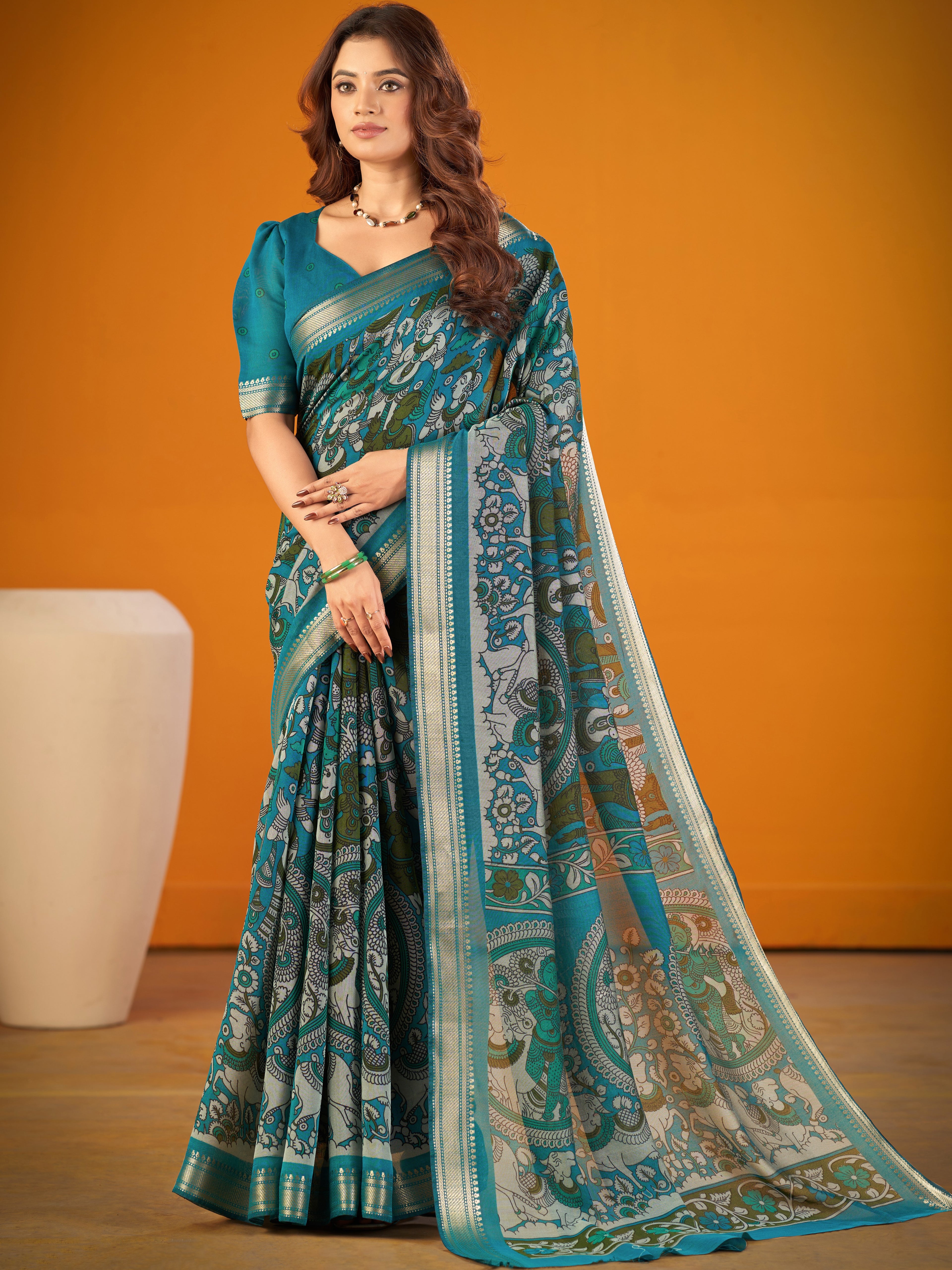 Viscose Chanderi Kalamkari Printed Saree