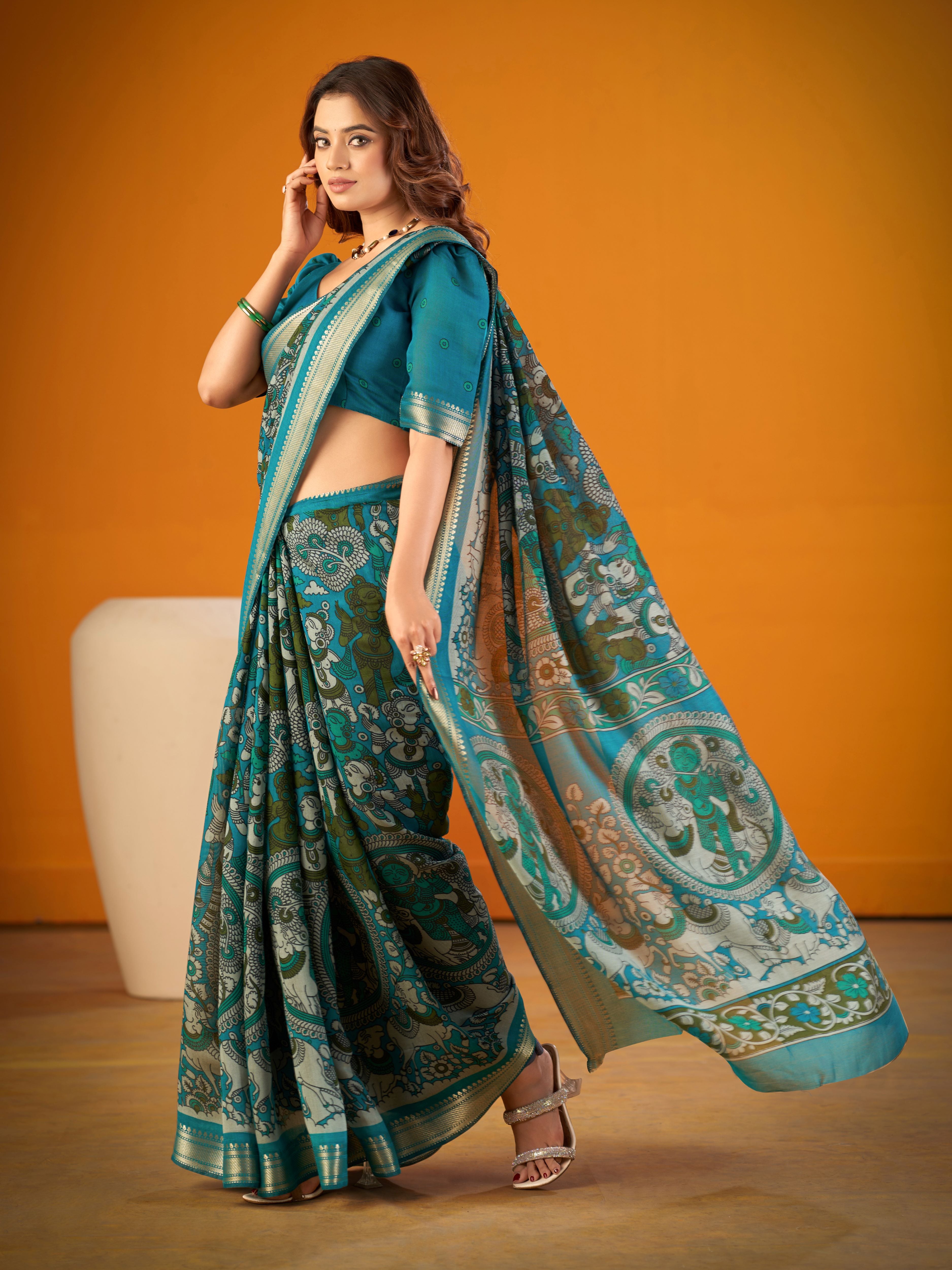 Viscose Chanderi Kalamkari Printed Saree
