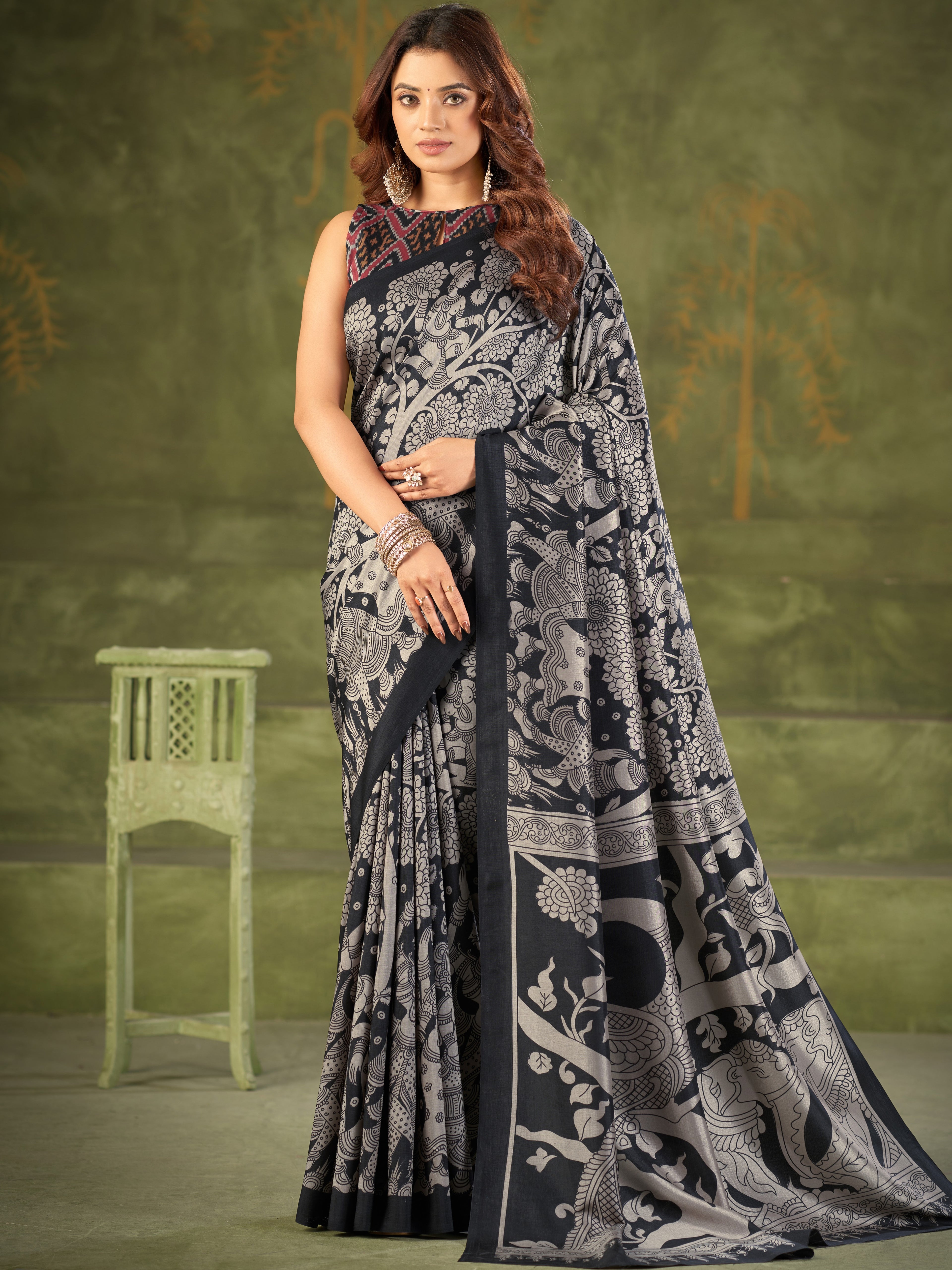 Tussar Silk Kalamkari Printed Saree