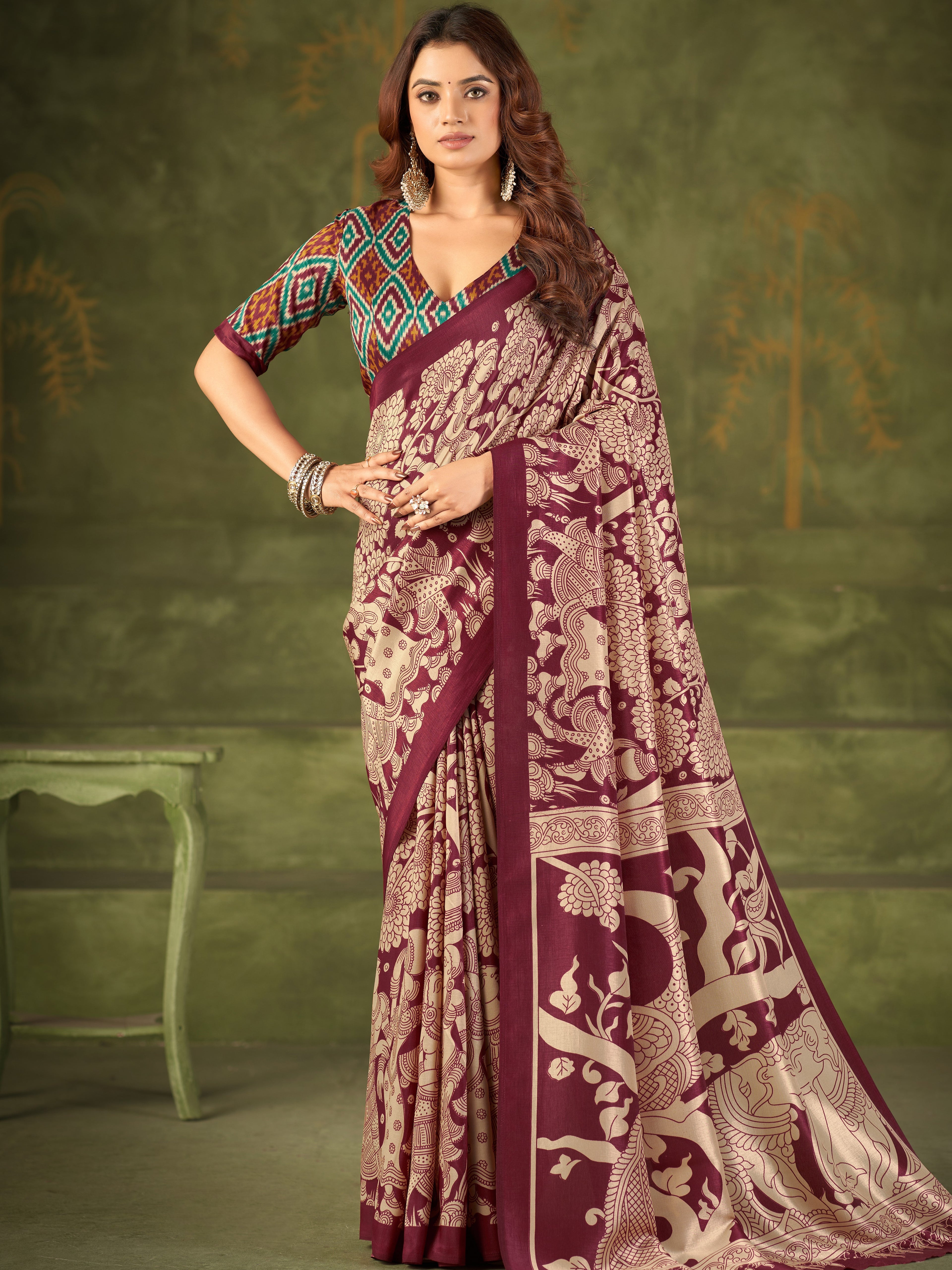 Tussar Silk Kalamkari Printed Saree