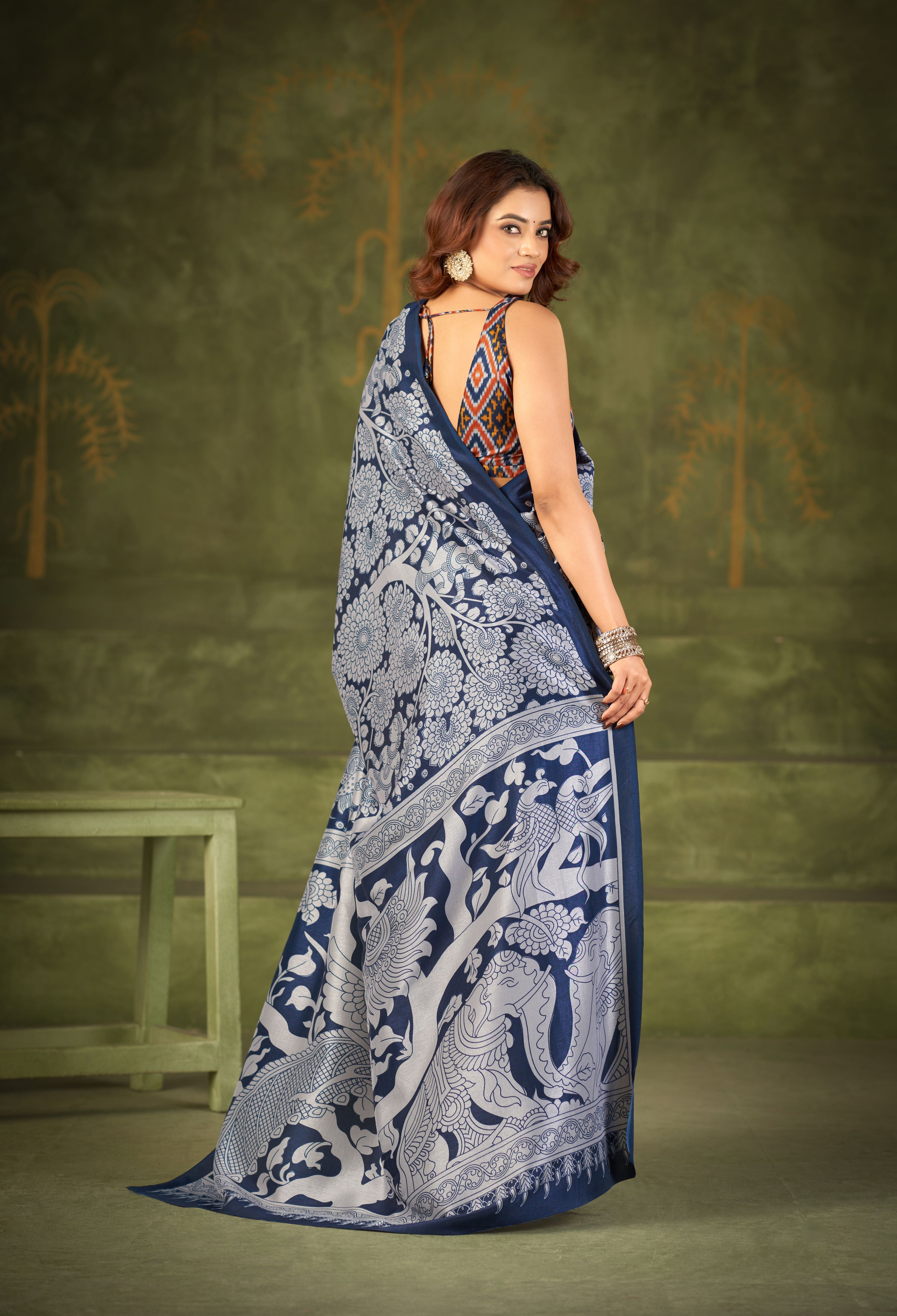 Tussar Silk Kalamkari Printed Saree