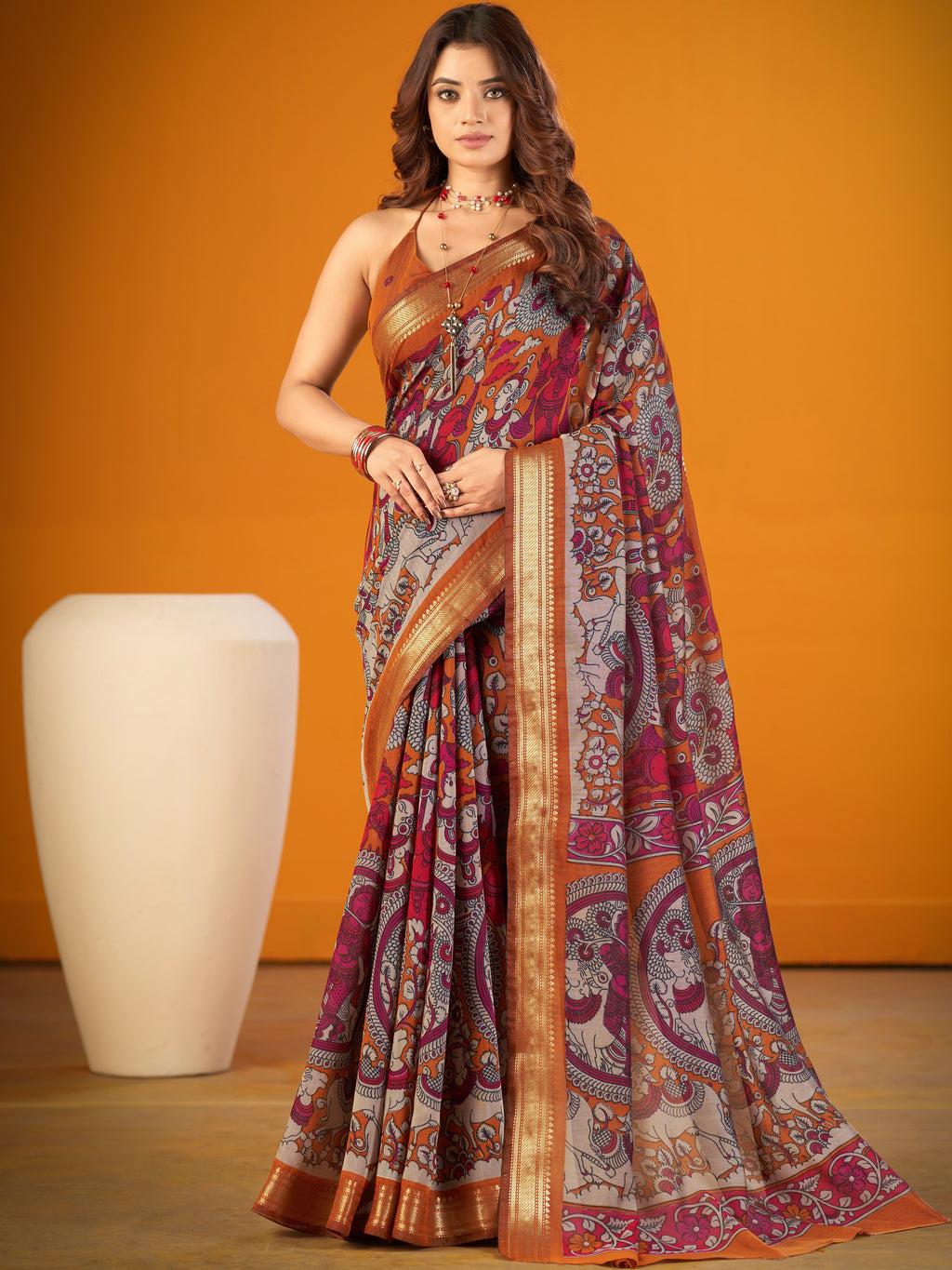 Viscose Chanderi Kalamkari Printed Saree