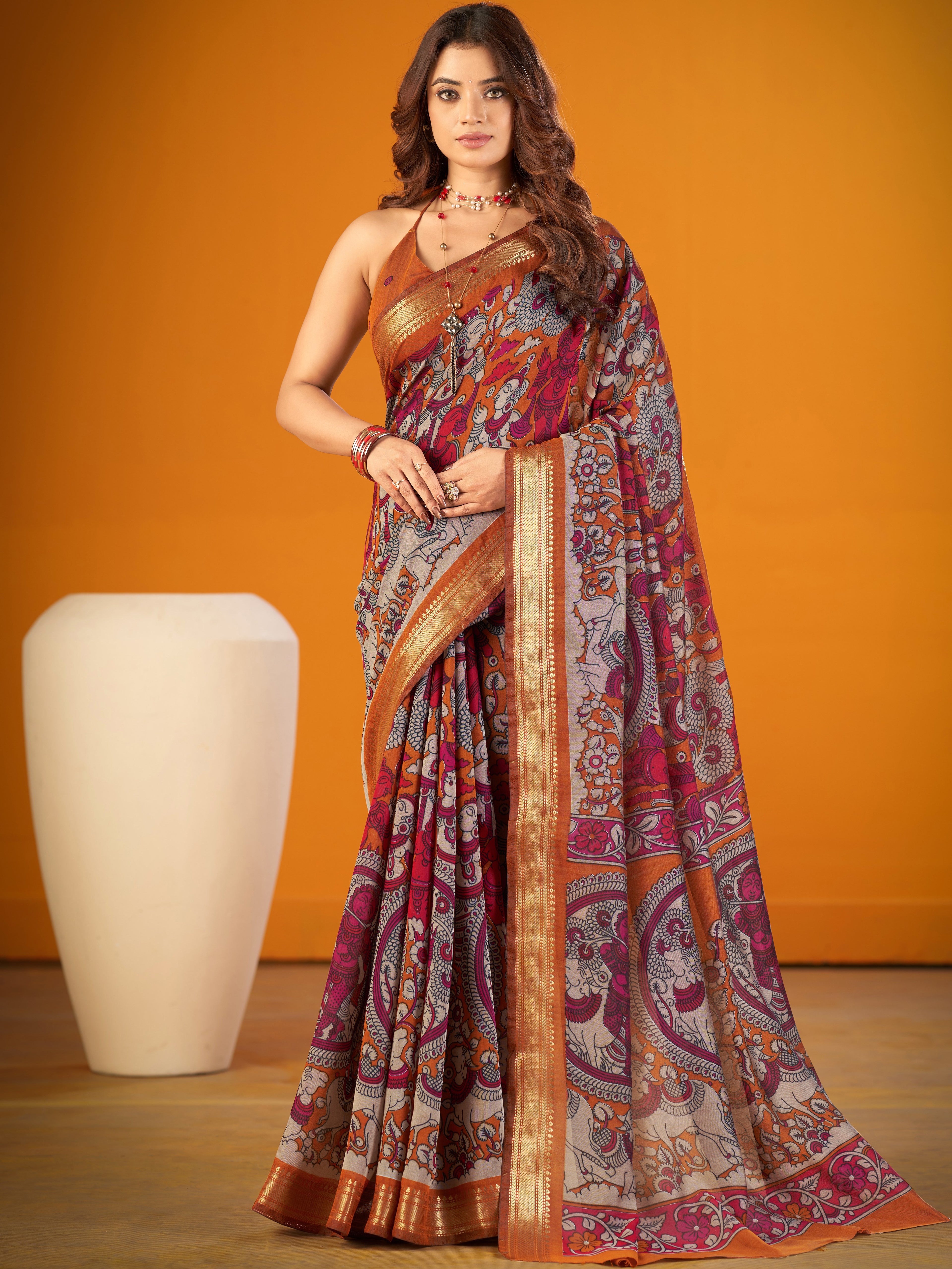 Viscose Chanderi Kalamkari Printed Saree
