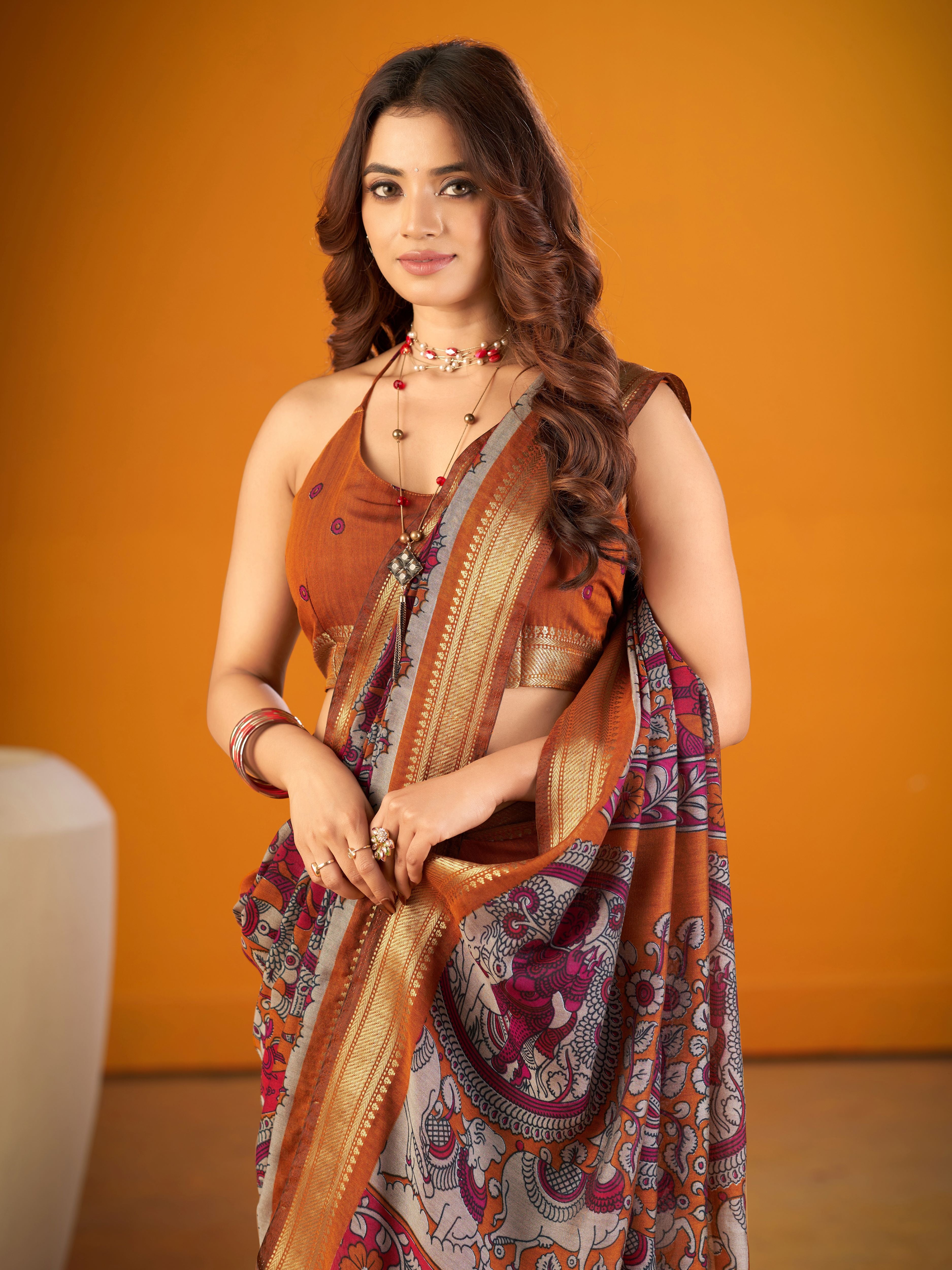 Viscose Chanderi Kalamkari Printed Saree