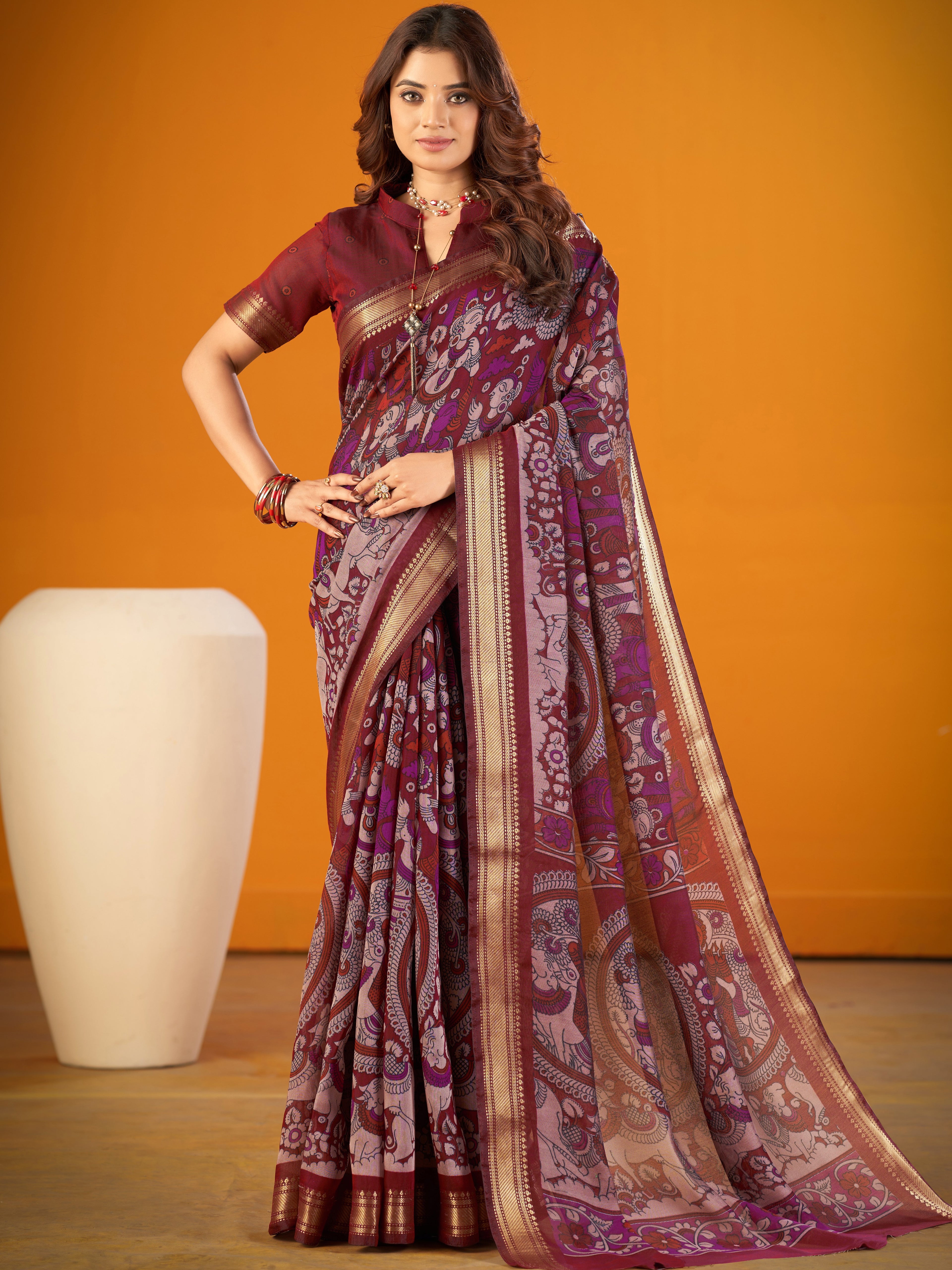 Viscose Chanderi Kalamkari Printed Saree