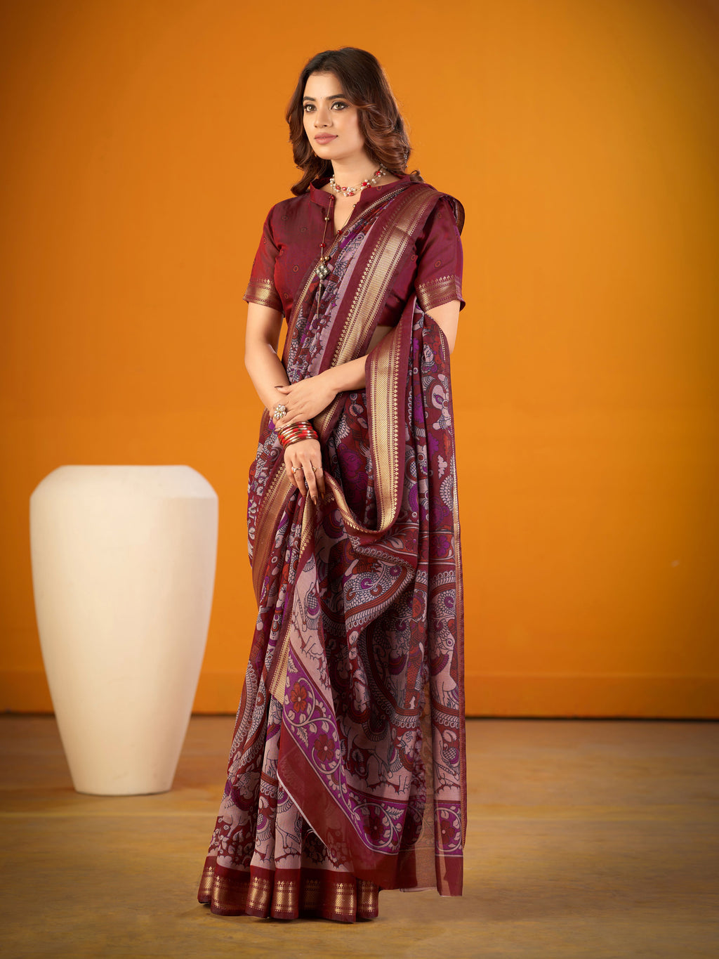 Viscose Chanderi Kalamkari Printed Saree