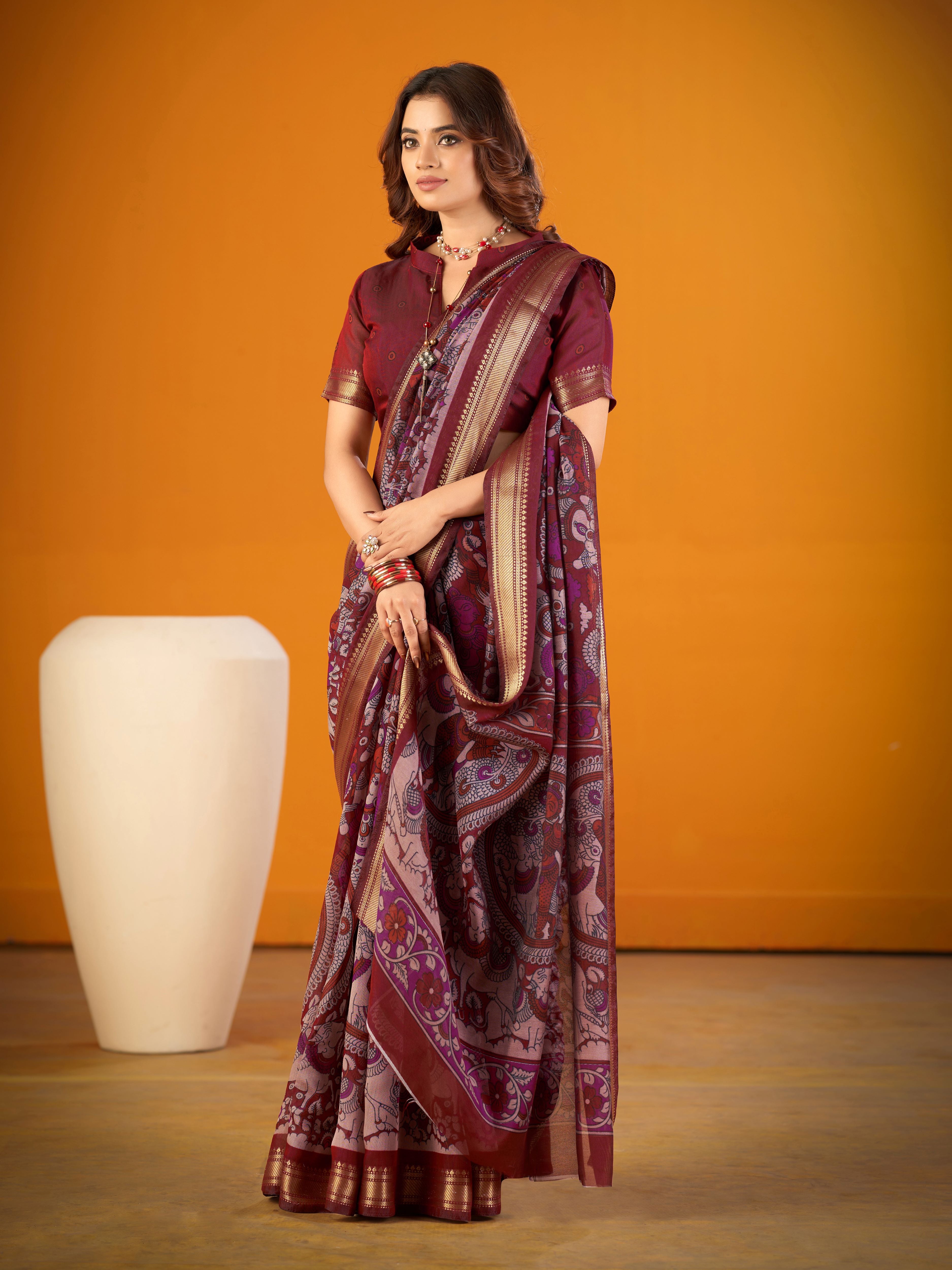 Viscose Chanderi Kalamkari Printed Saree