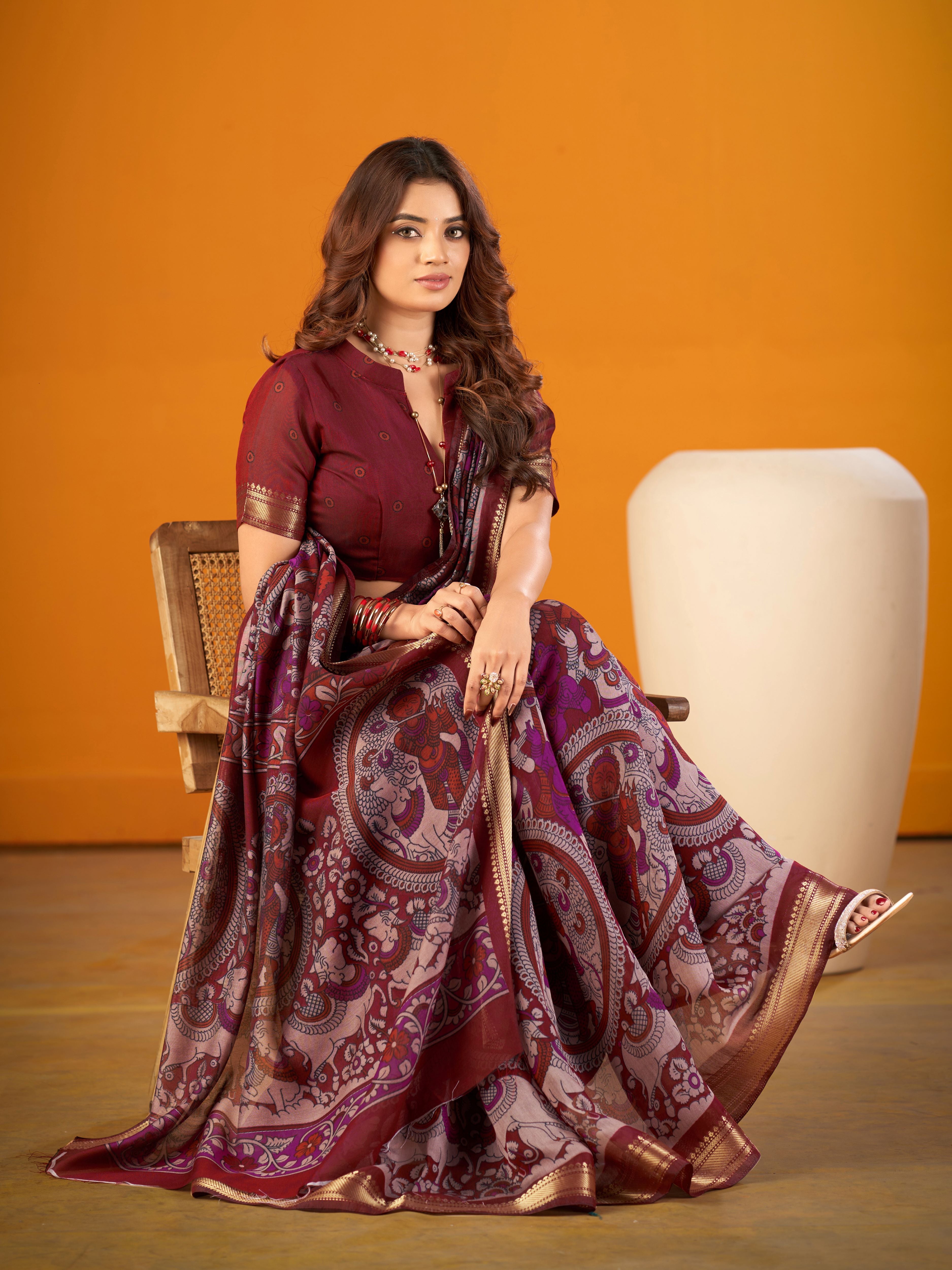 Viscose Chanderi Kalamkari Printed Saree