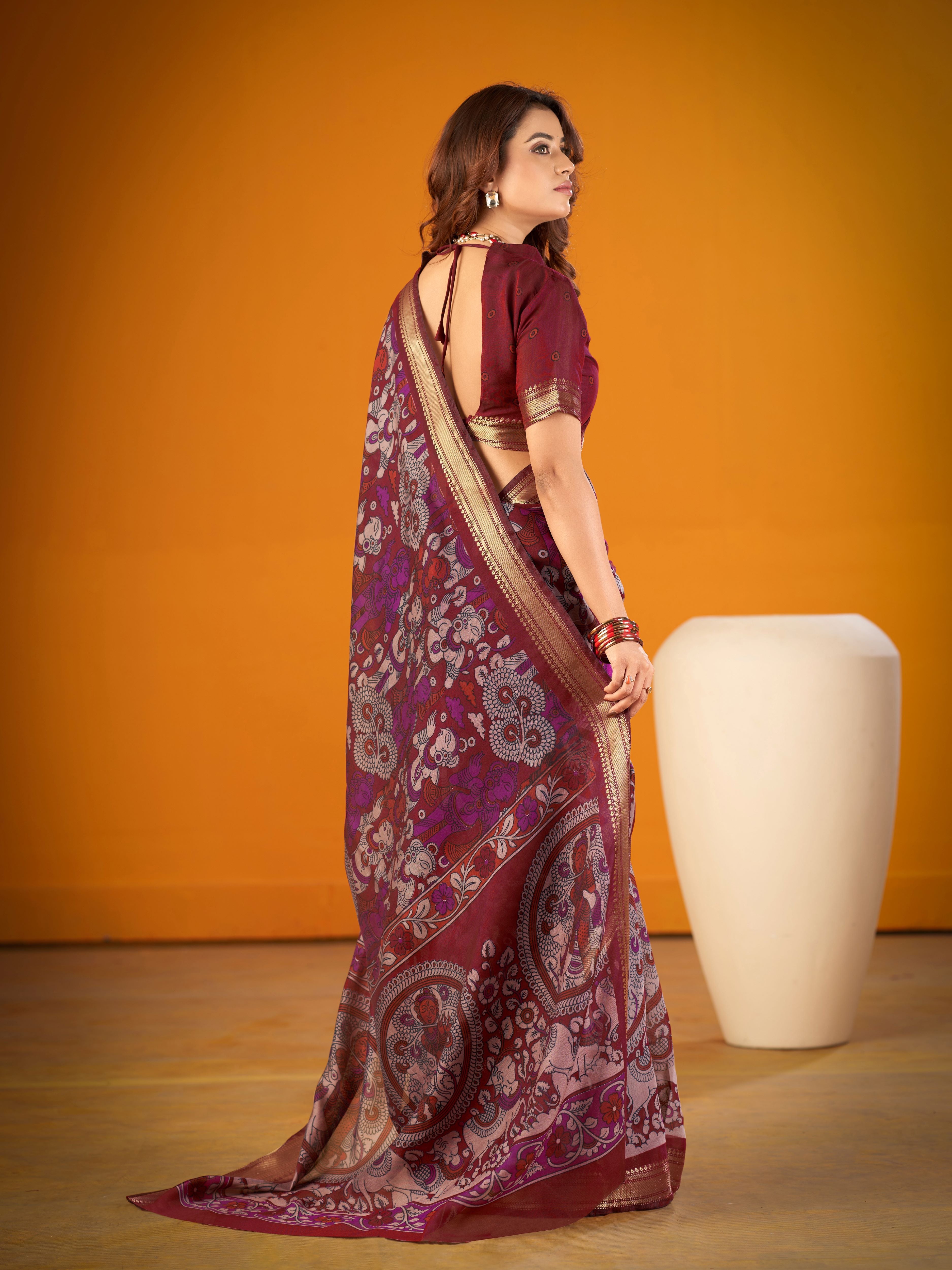 Viscose Chanderi Kalamkari Printed Saree