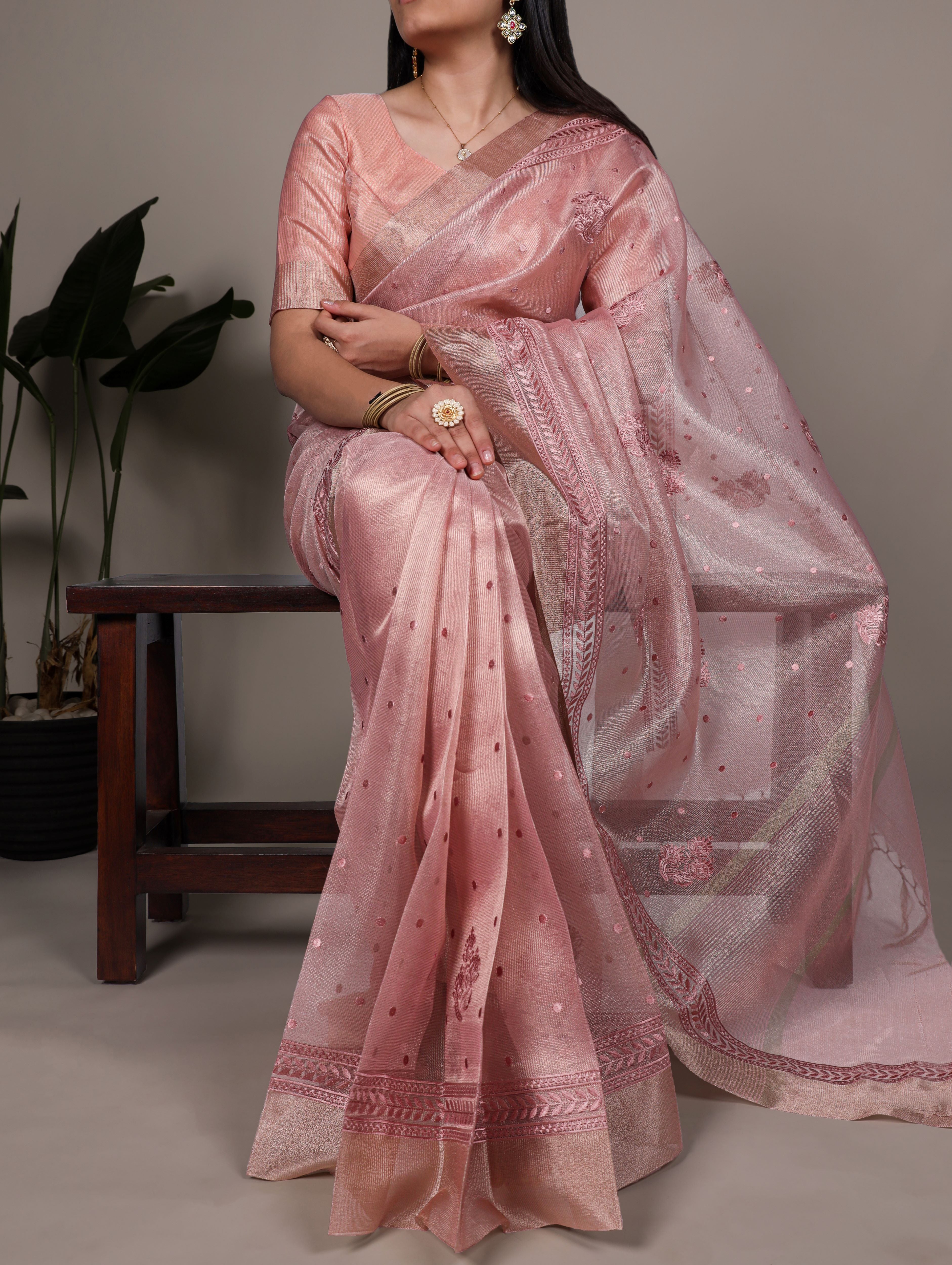 Poly Shimmer Embroidery Saree For Women