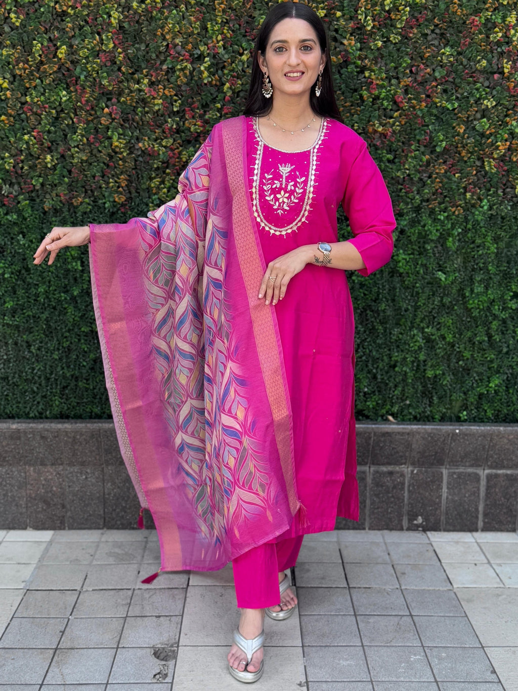 Pink Roman Silk Top Bottom Set For Women