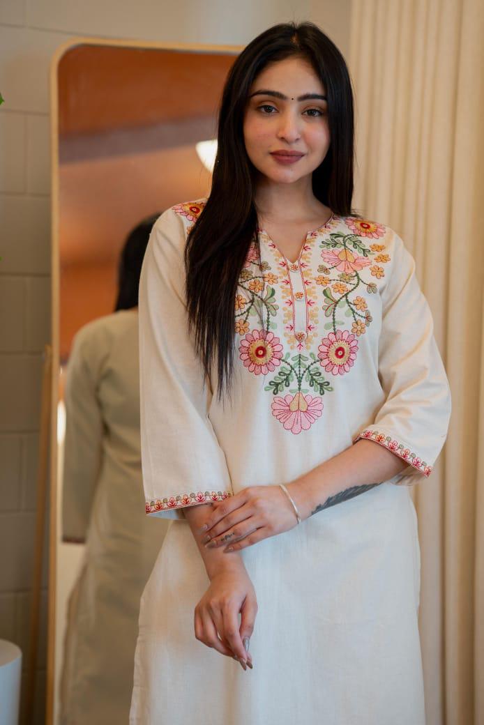 Pure Khadi Cotton Embroidered Kurti-Pant