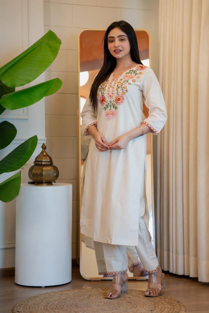 Pure Khadi Cotton Embroidered Kurti-Pant