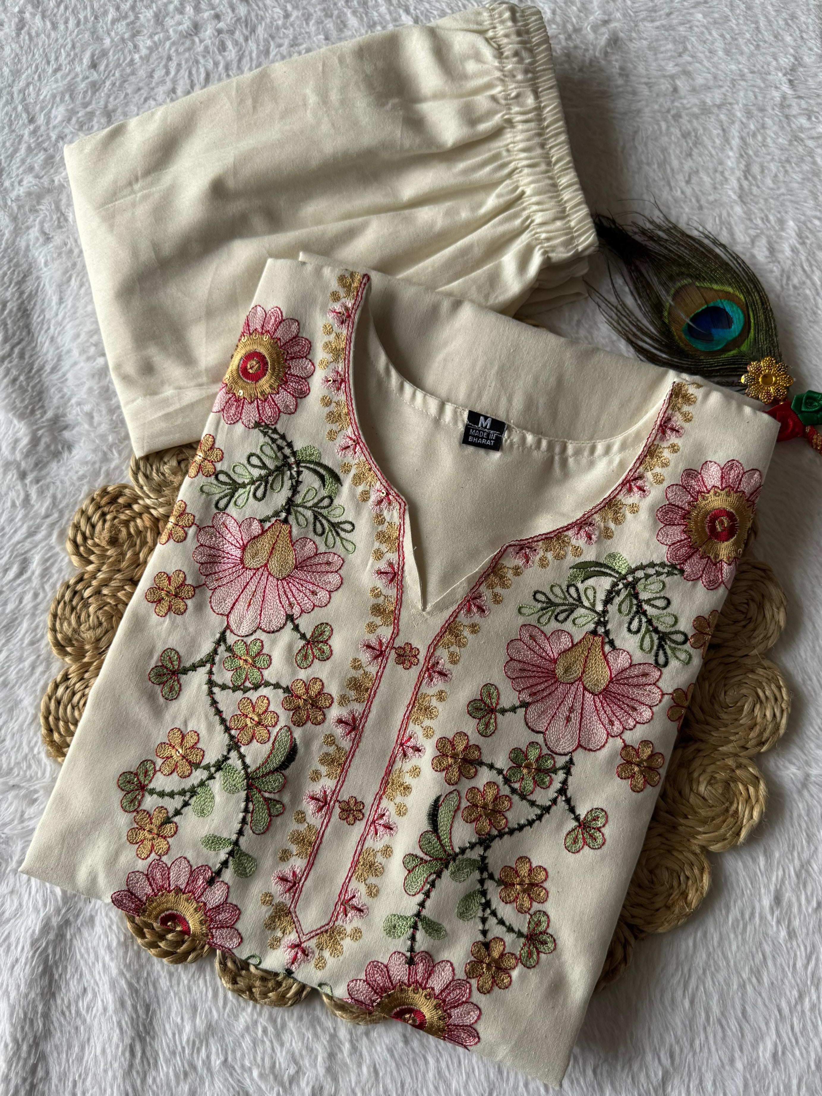 Pure Khadi Cotton Embroidered Kurti-Pant
