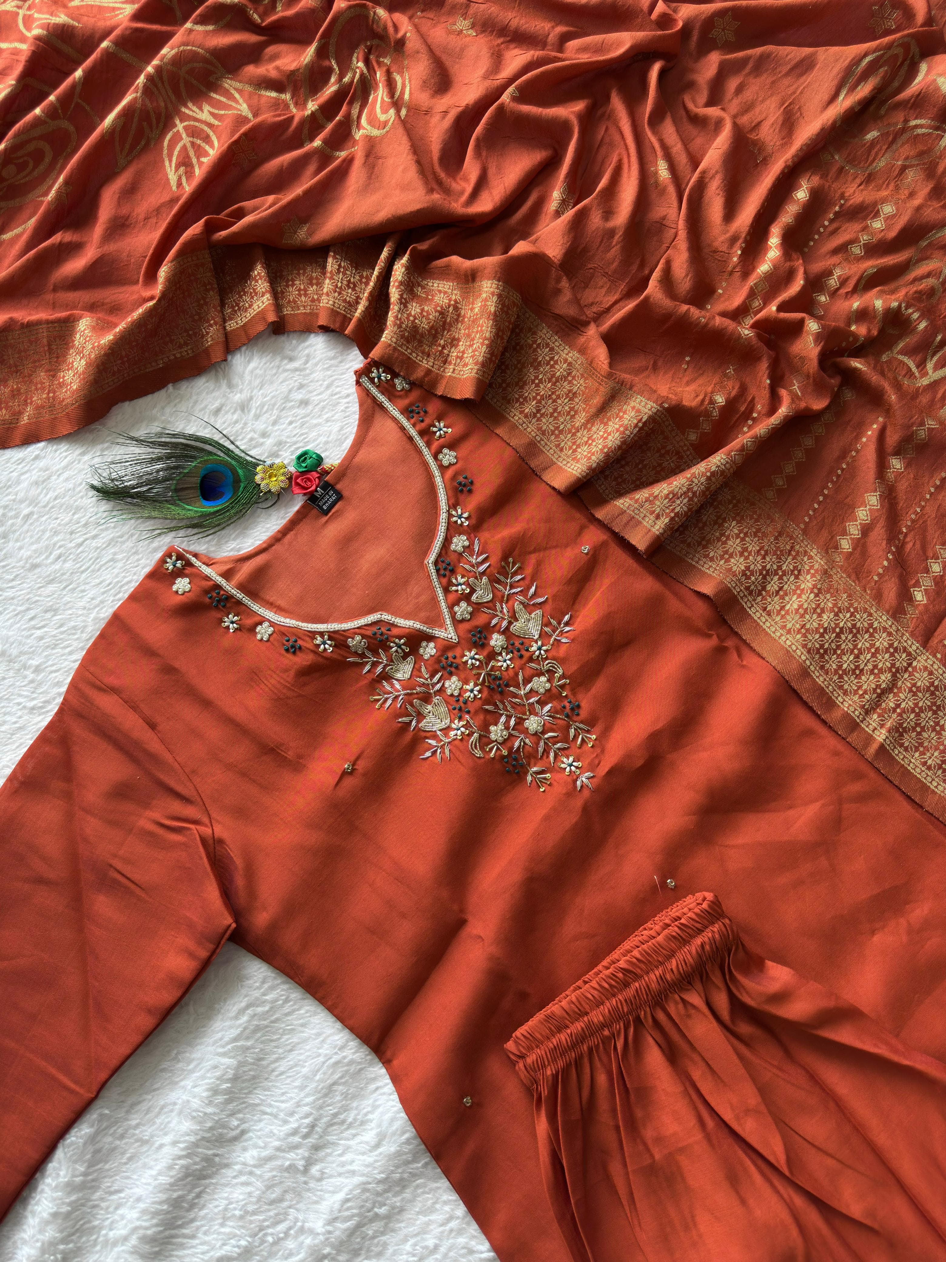 Roman Silk Embroidered Kurti-Pant With Jacquard Dupatta