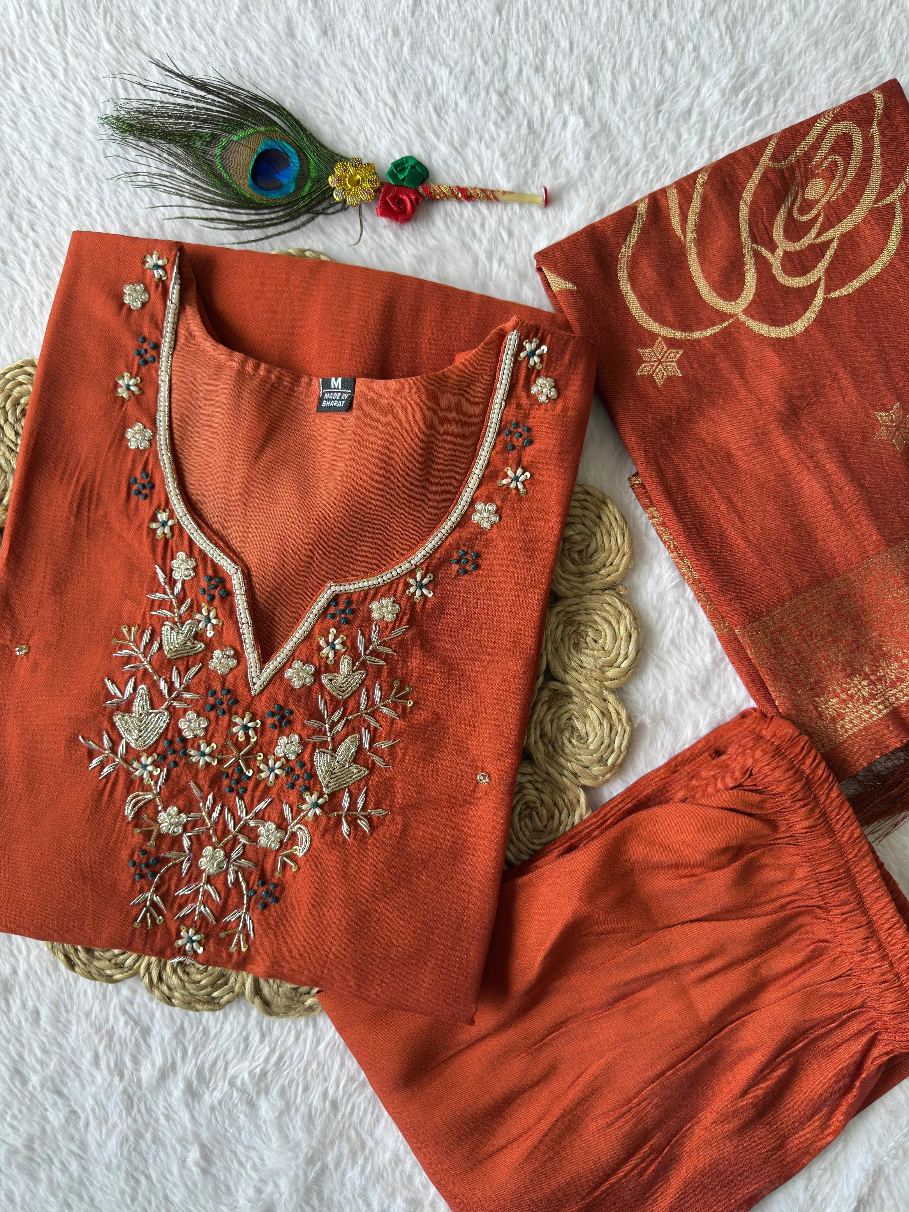 Roman Silk Embroidered Kurti-Pant With Jacquard Dupatta
