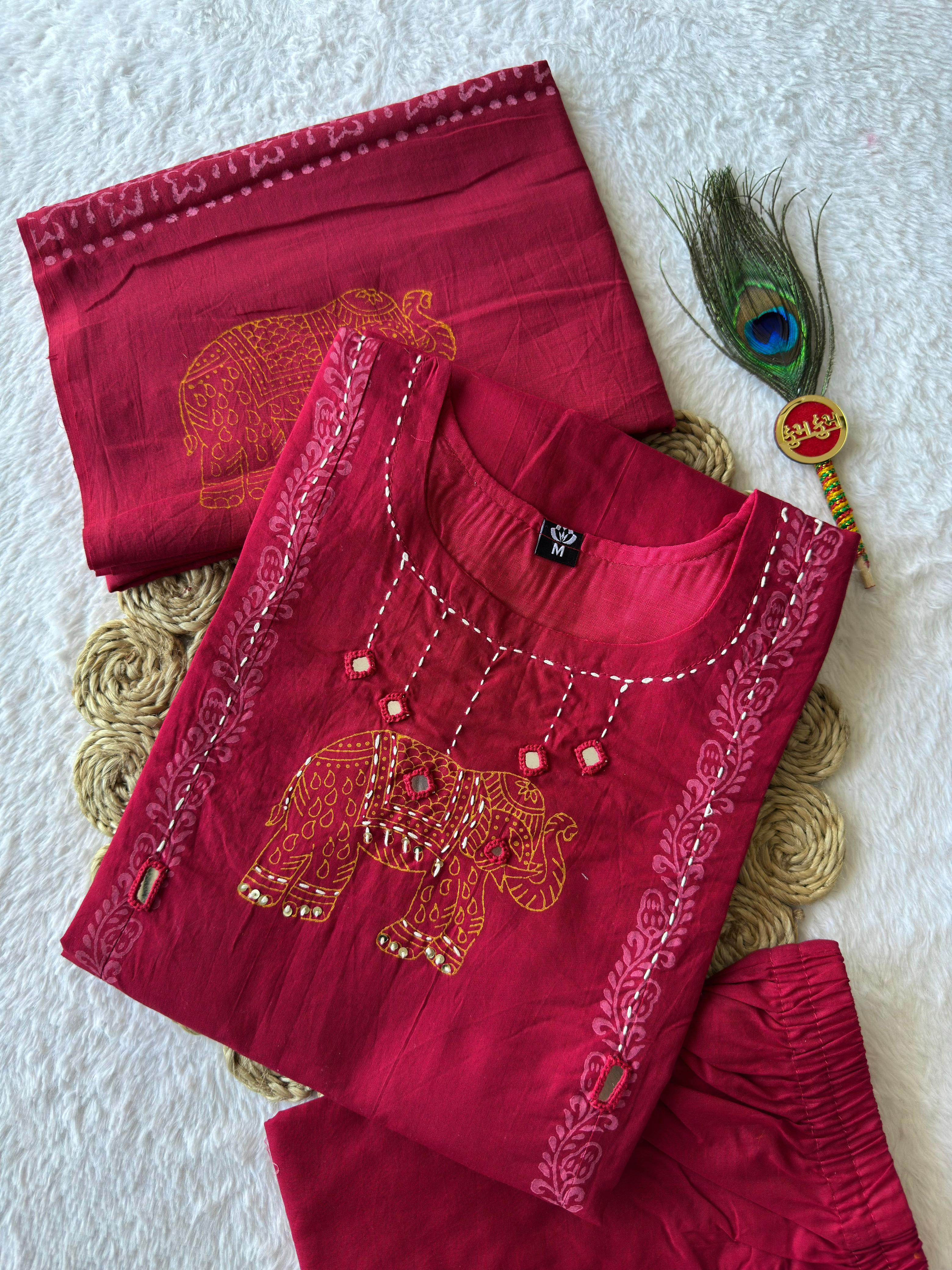 Pure Cotton Hand Work Kurti-Pant With Dupatta