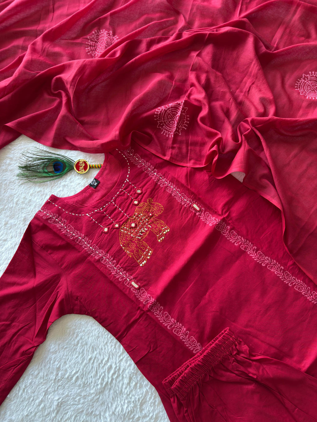 Pure Cotton Hand Work Kurti-Pant With Dupatta