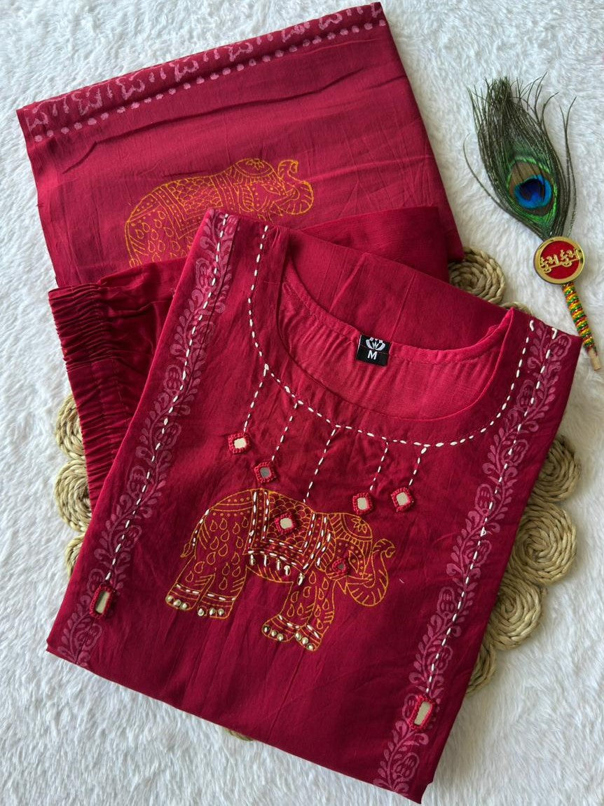 Pure Cotton Hand Work Kurti-Pant With Dupatta