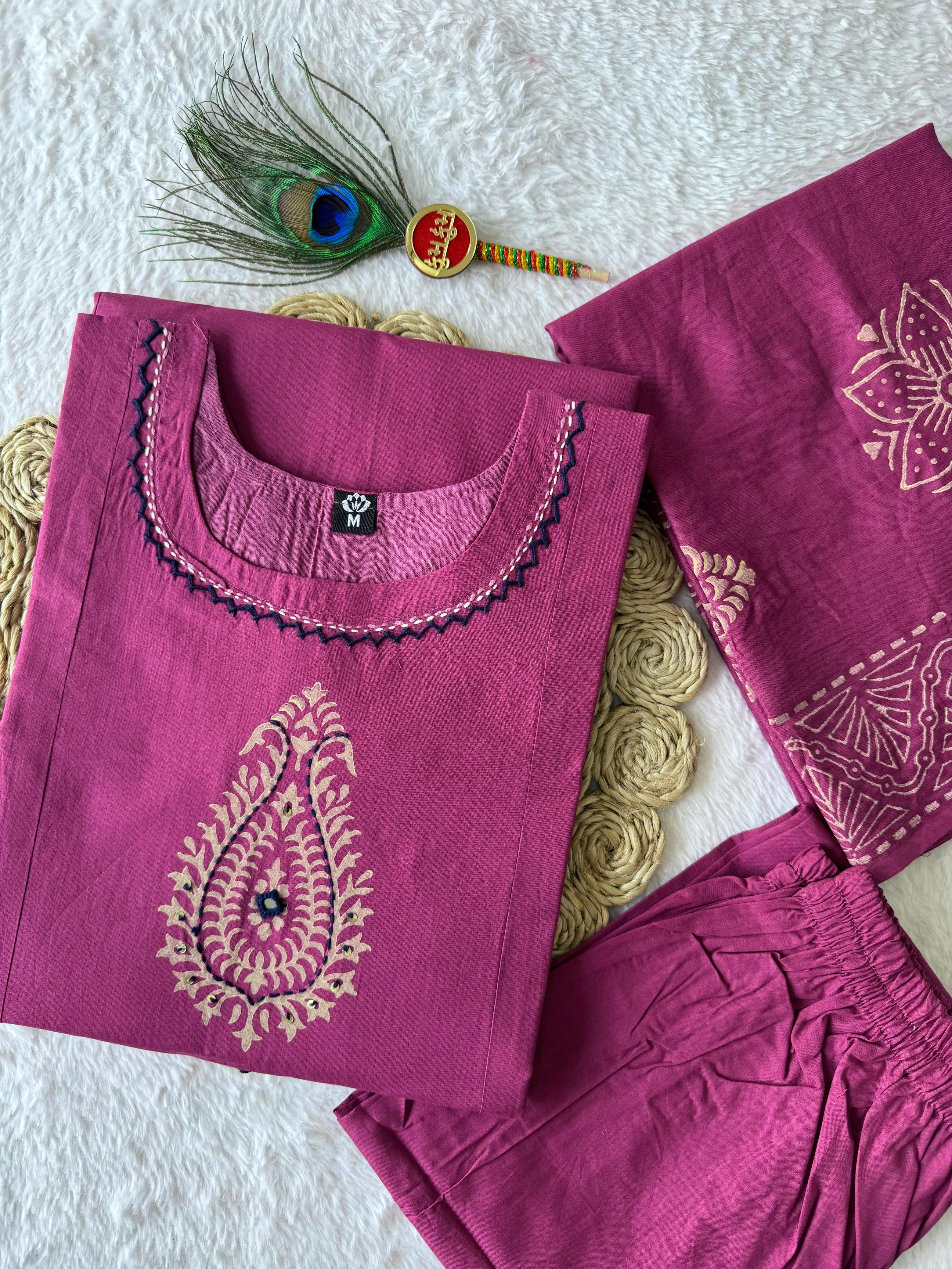 Pure Cotton Hand Work Kurti-Pant With Dupatta