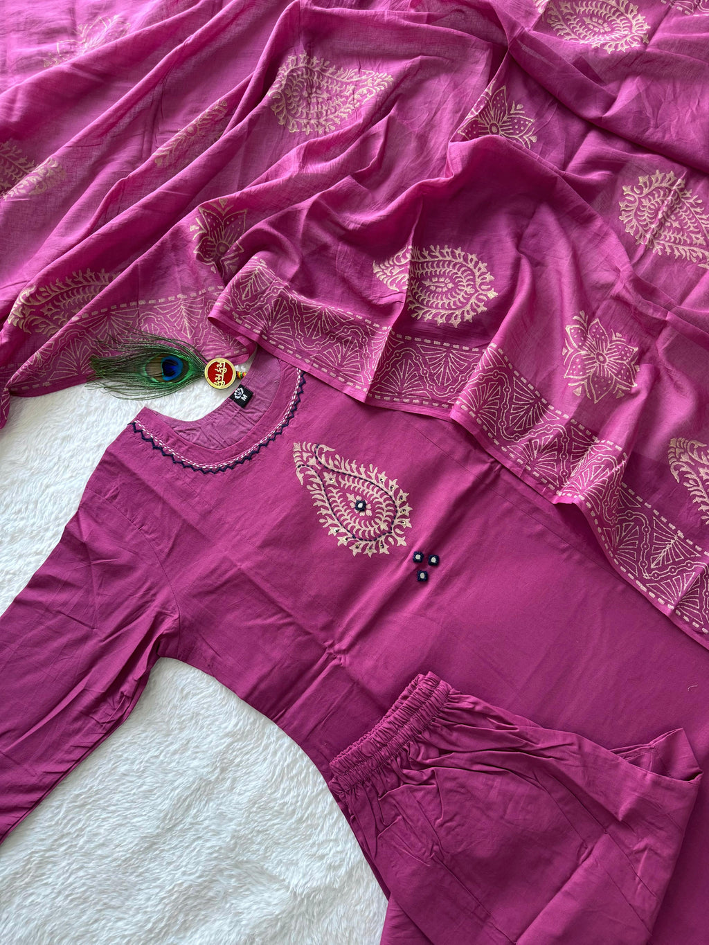 Pure Cotton Hand Work Kurti-Pant With Dupatta