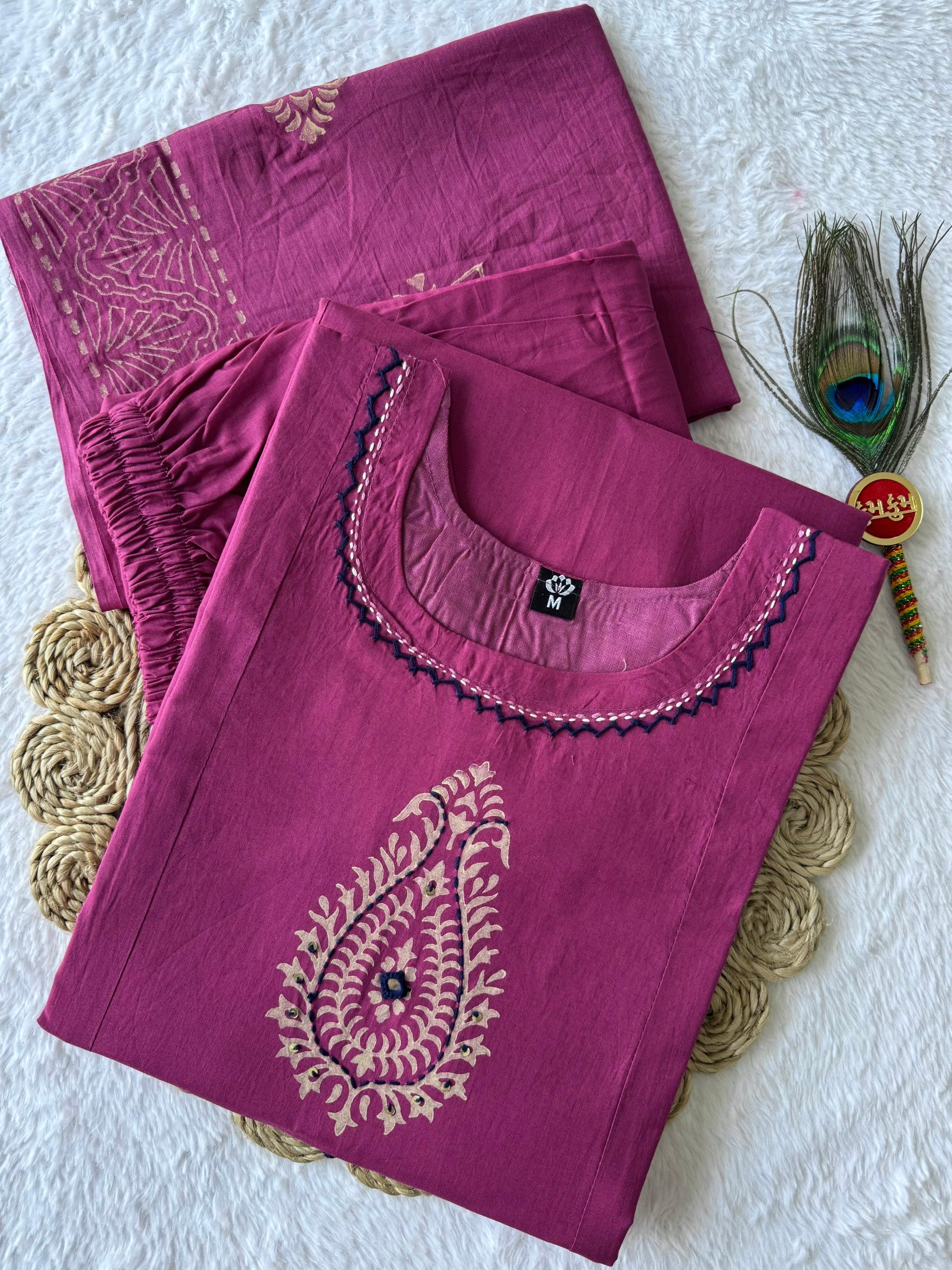 Pure Cotton Hand Work Kurti-Pant With Dupatta