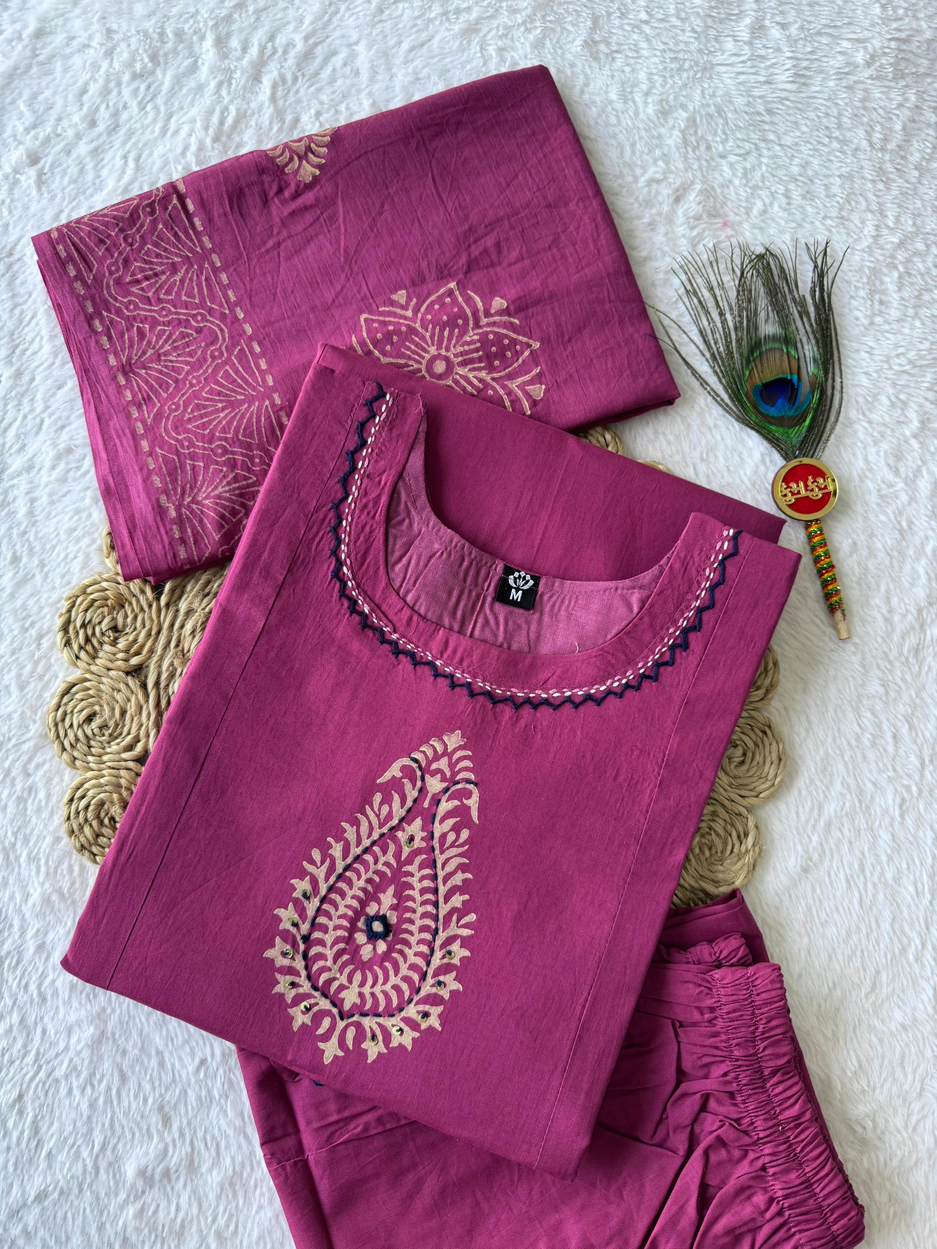 Pure Cotton Hand Work Kurti-Pant With Dupatta