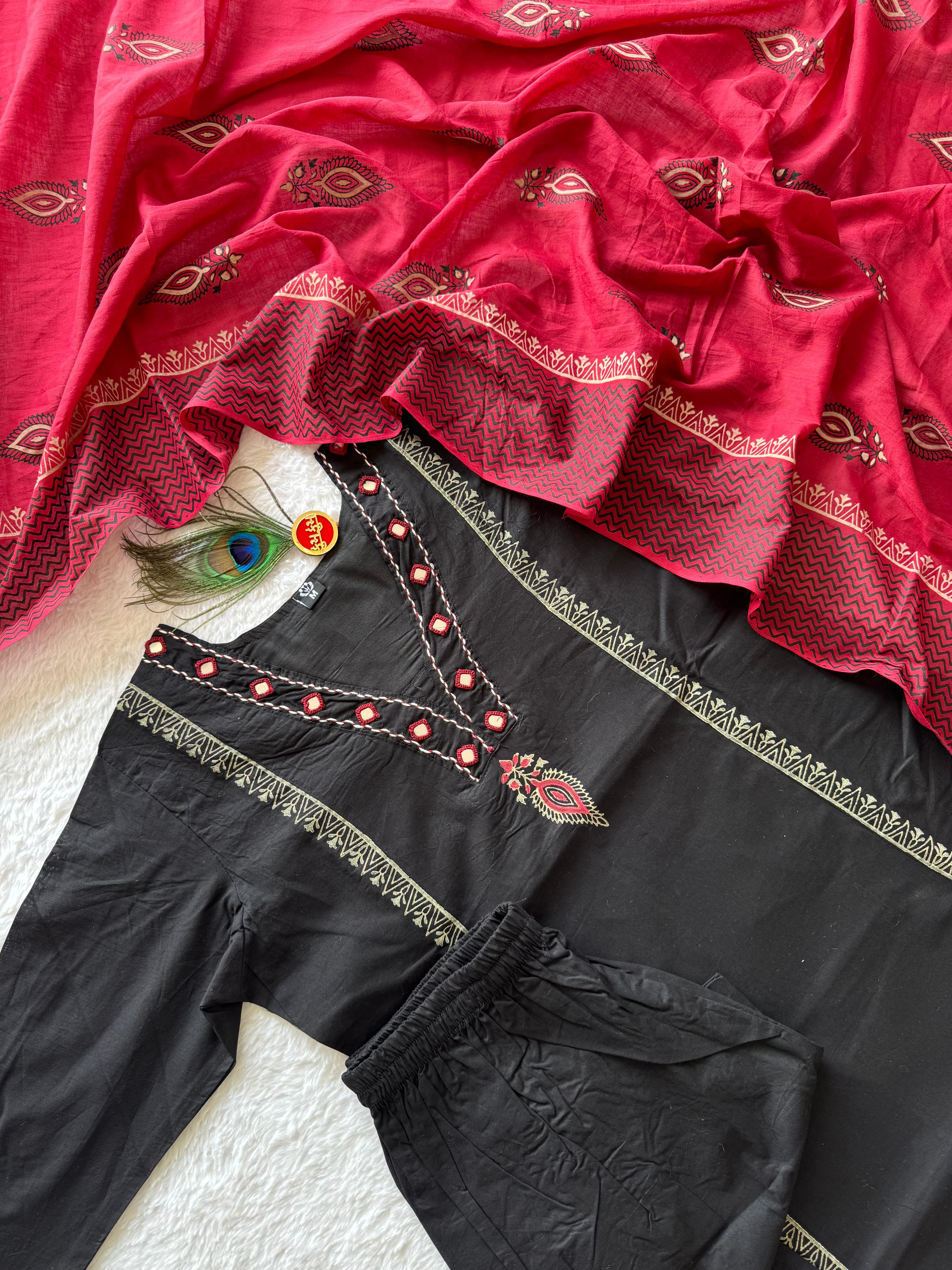 Pure Cotton Hand Work Kurti-Pant With Dupatta