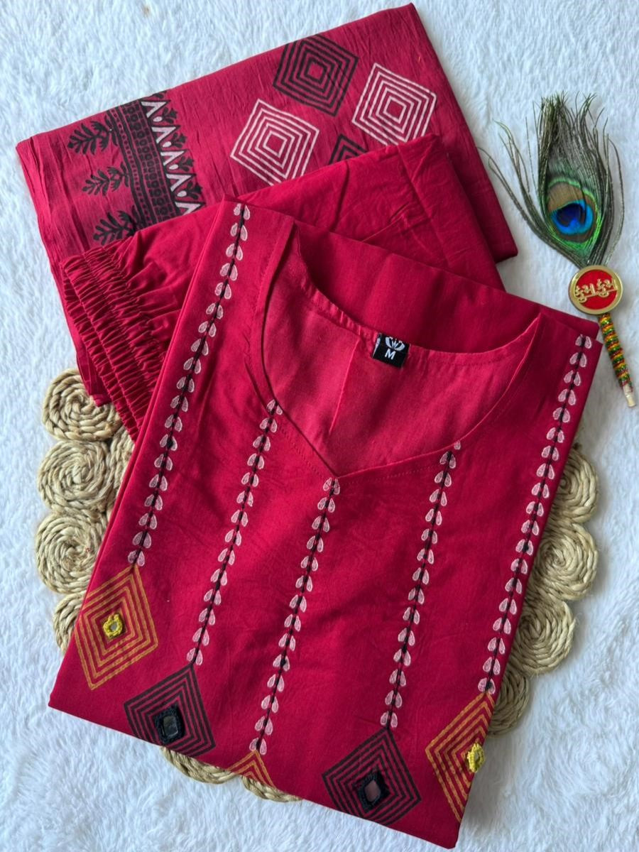 Pure Cotton Hand Work Kurti-Pant With Dupatta