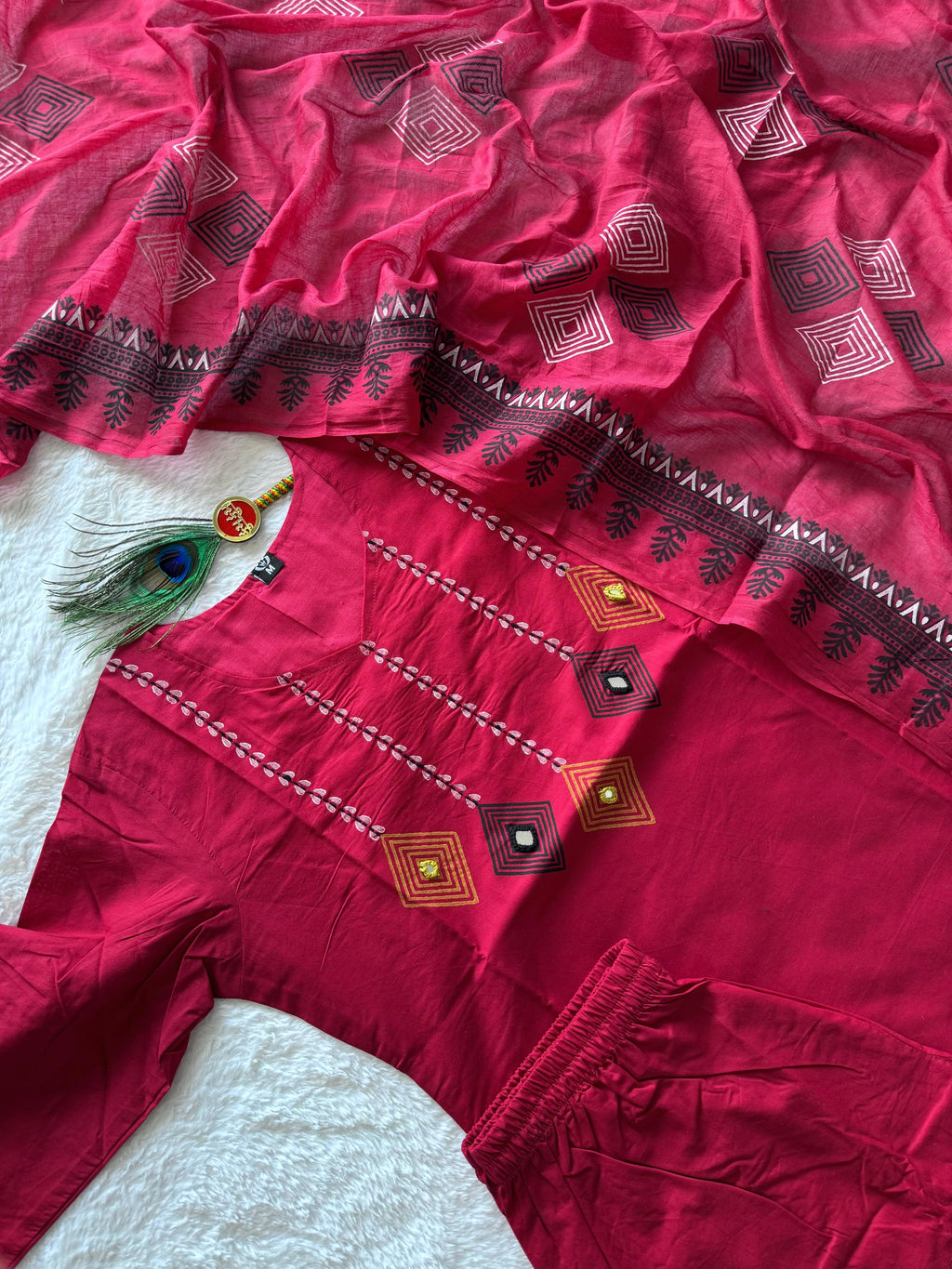 Pure Cotton Hand Work Kurti-Pant With Dupatta