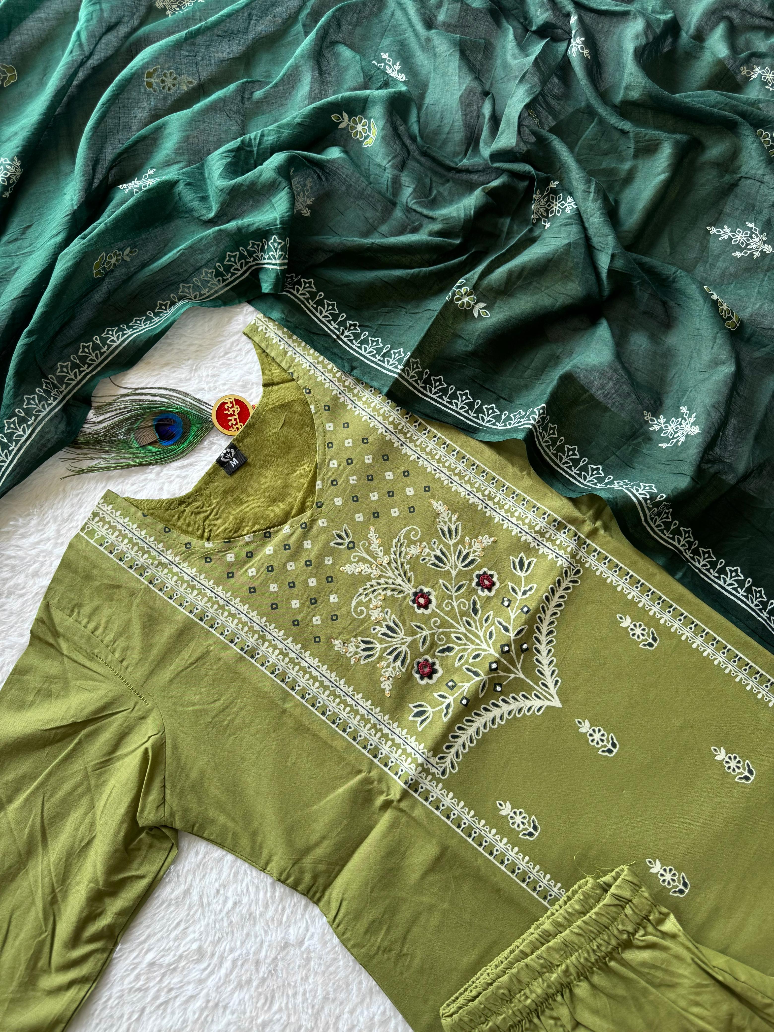 Pure Cotton Mirror Work Kurti-Pant With Dupatta