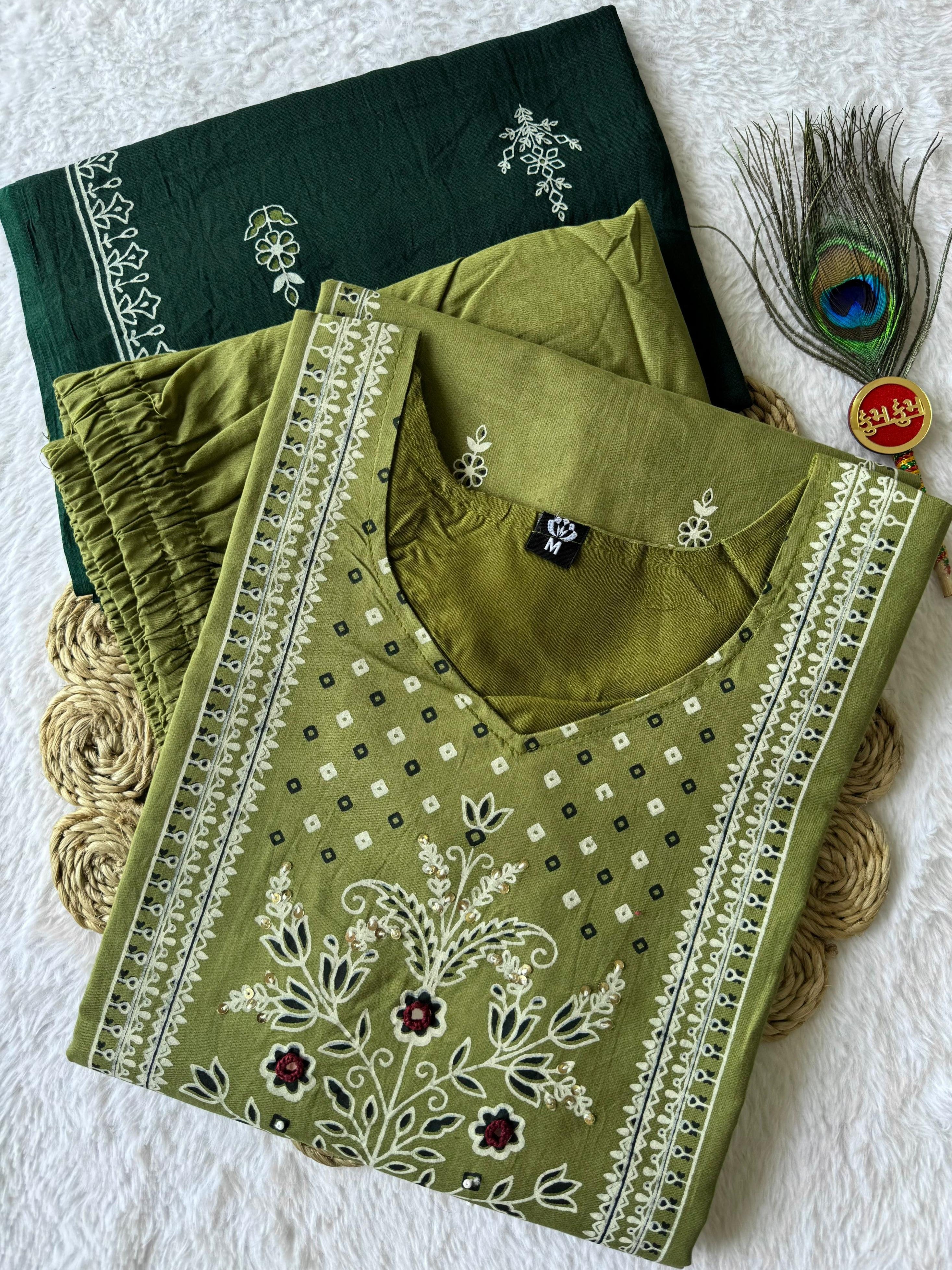 Pure Cotton Mirror Work Kurti-Pant With Dupatta