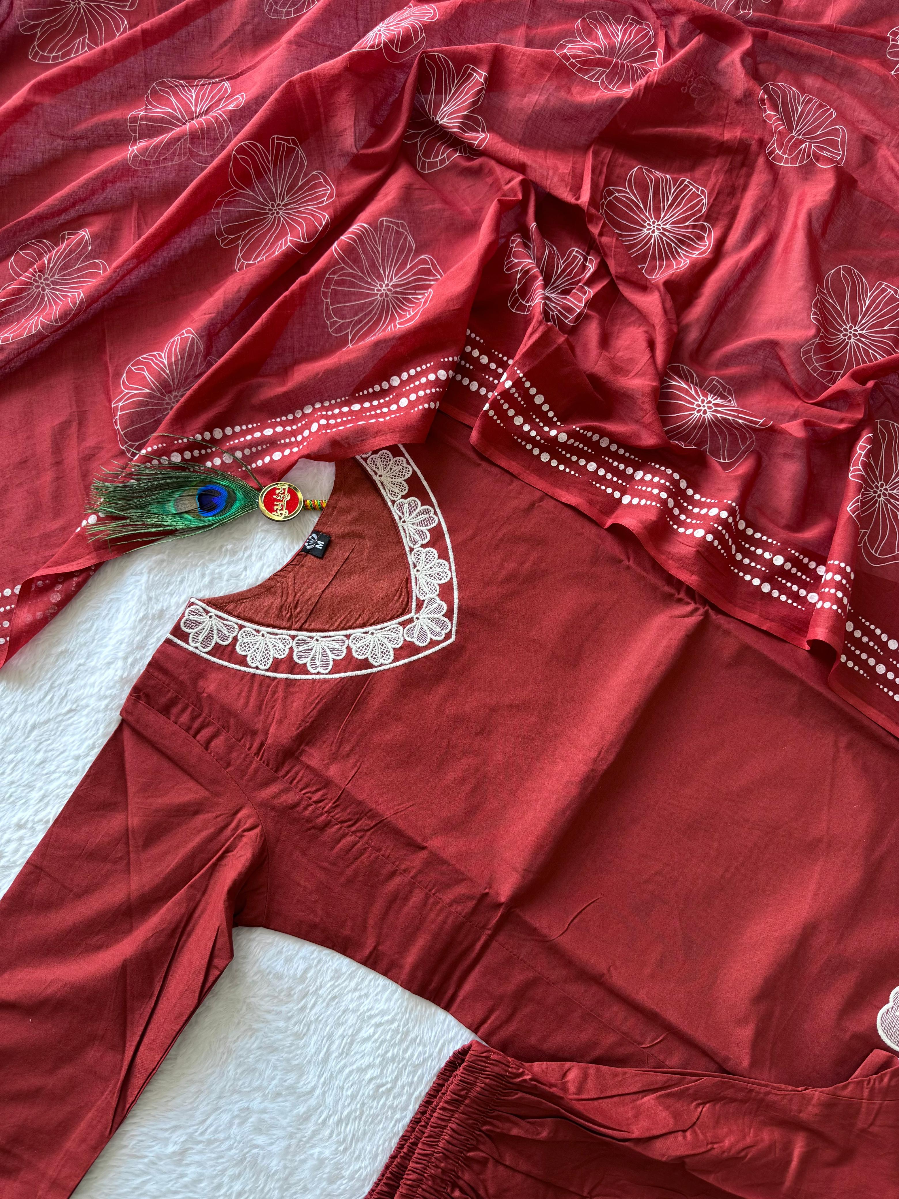 Pure Cotton Hand Work Kurti-Pant With Dupatta