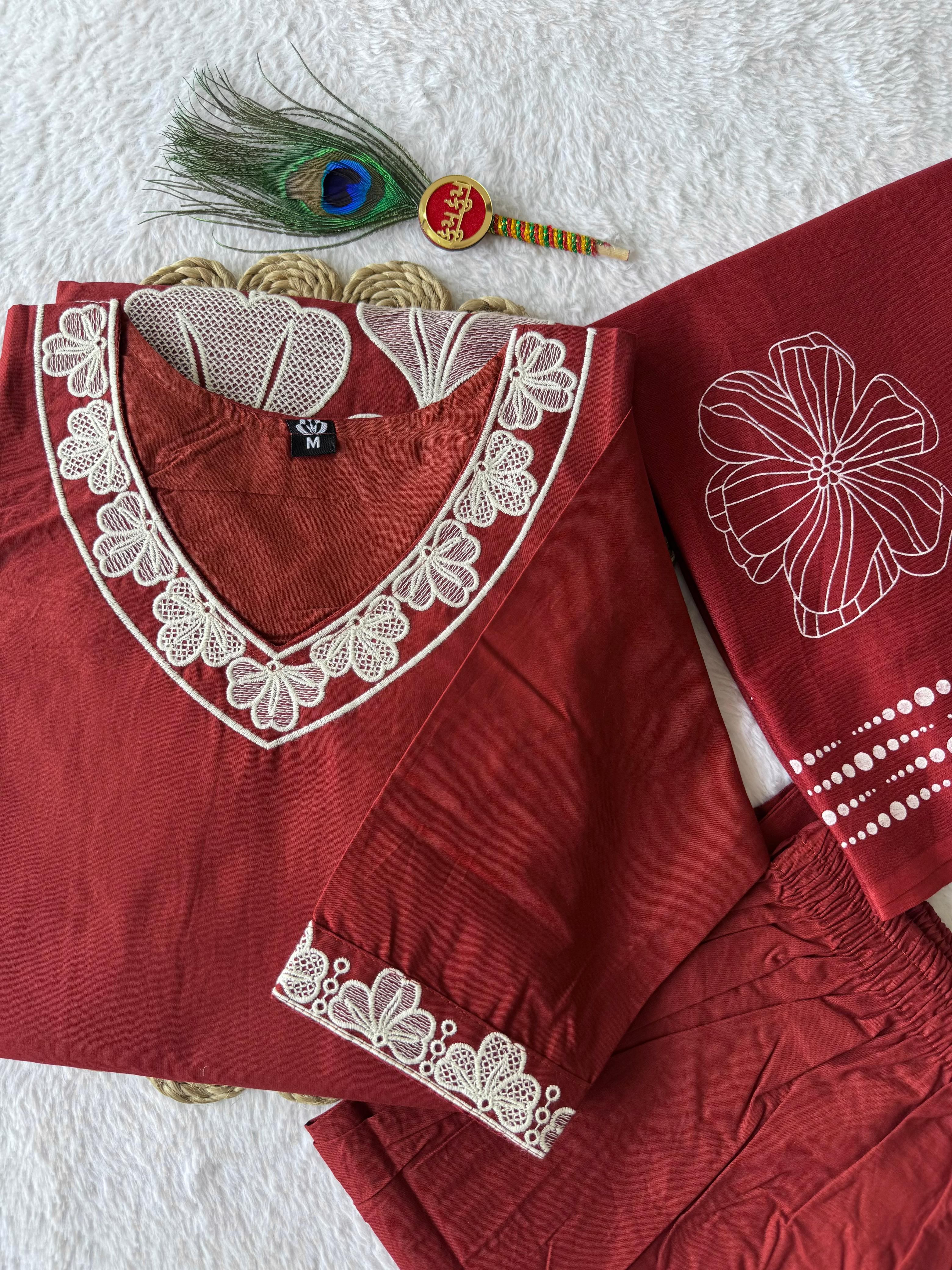Pure Cotton Hand Work Kurti-Pant With Dupatta
